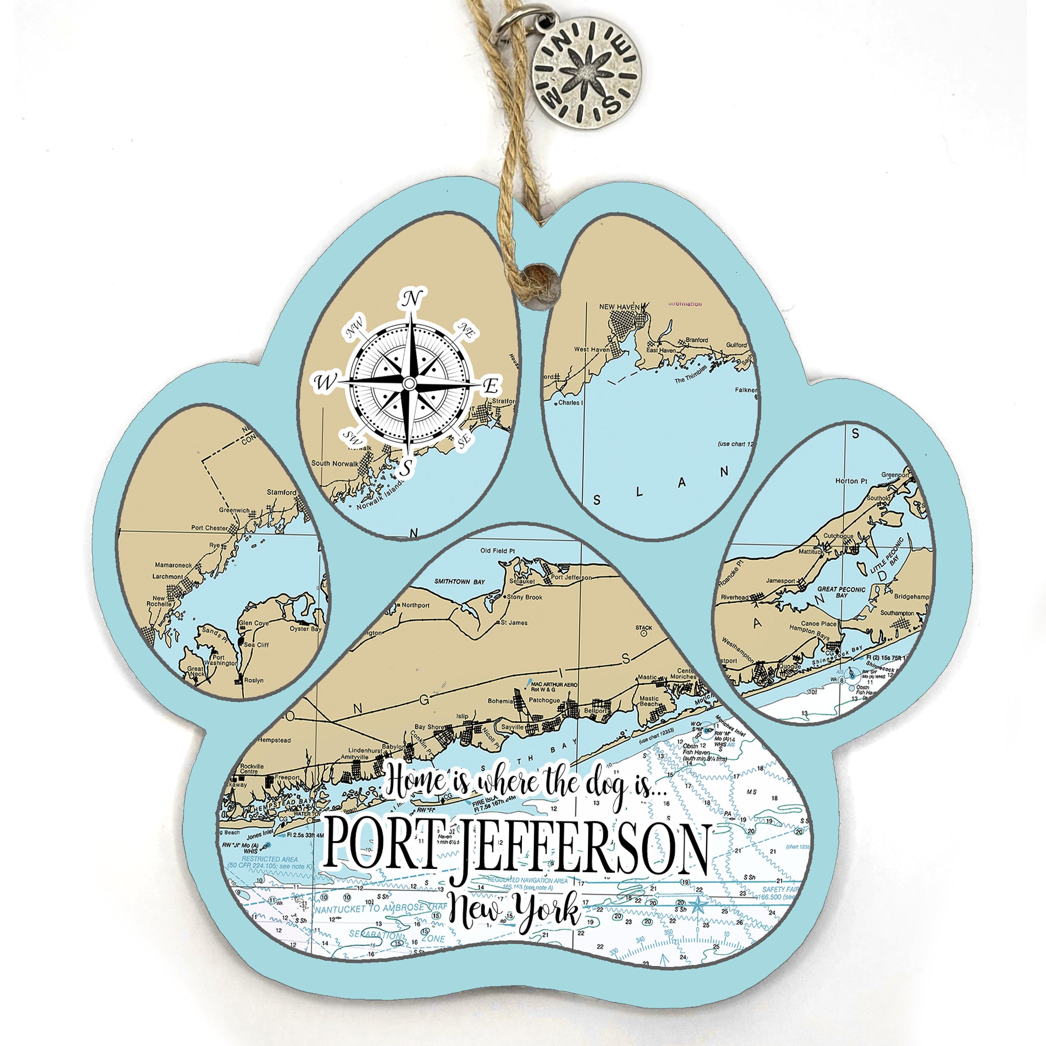 Port Jefferson, NY Paw Shaped Wood Map Souvenir Ornament