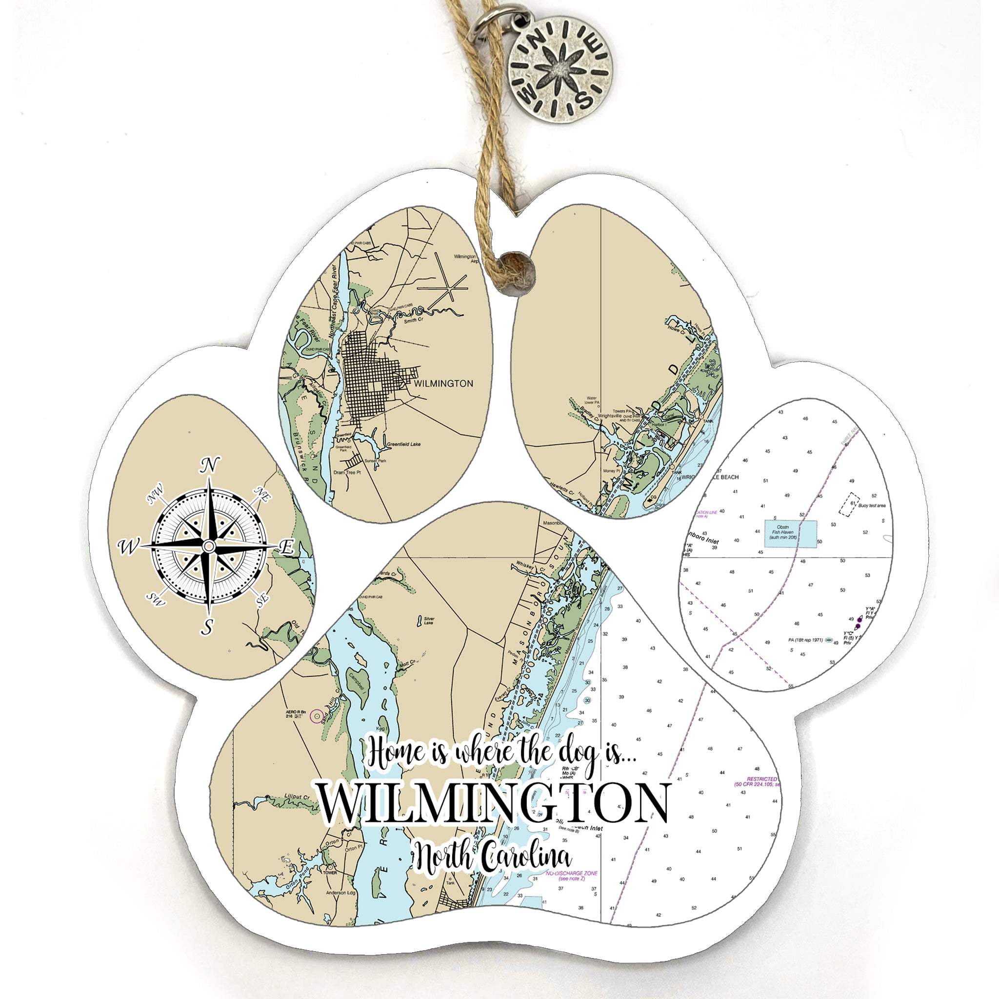Wilmington, NC Paw Shaped Wood Map Souvenir Ornament