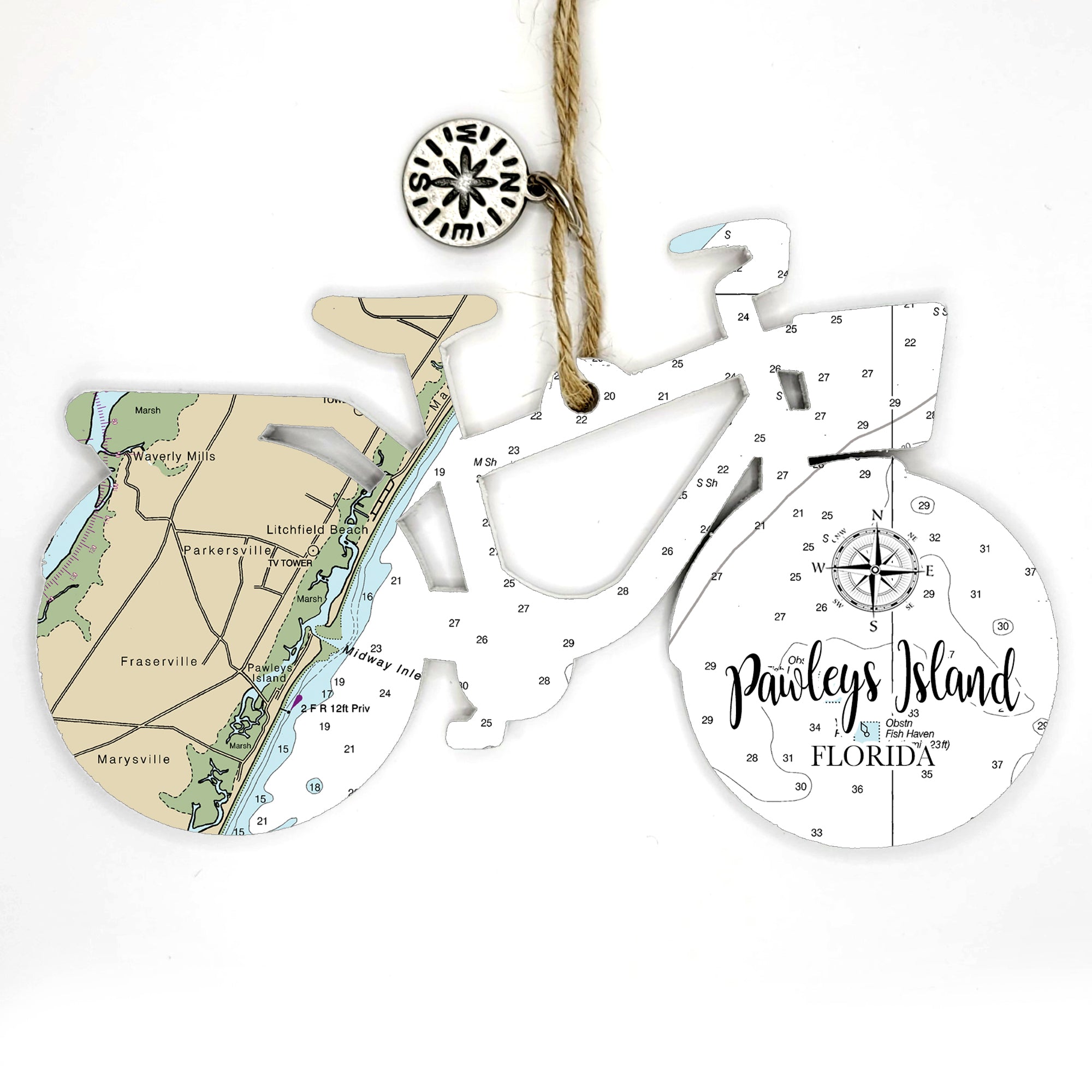 Pawleys Island, SC Bicycle Bike Shaped Wood Map Souvenir Ornament