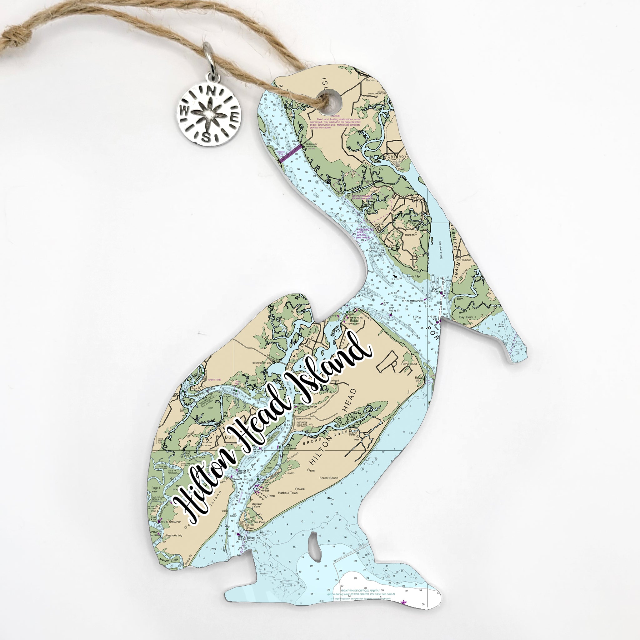 Hilton Head, SC Pelican Shaped Wood Map Souvenir Ornament