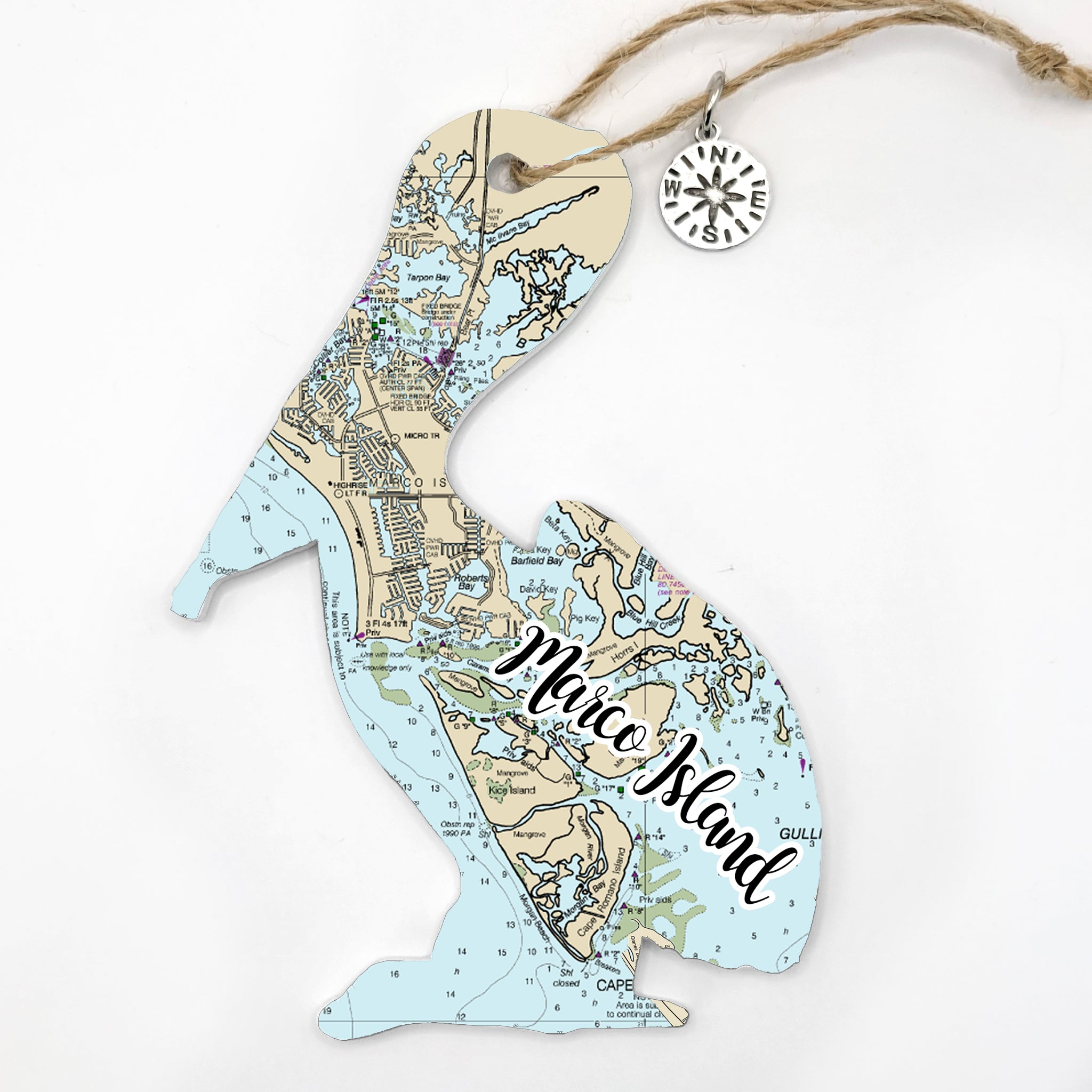 Marco Island, FL Pelican Shaped Wood Map Souvenir Ornament