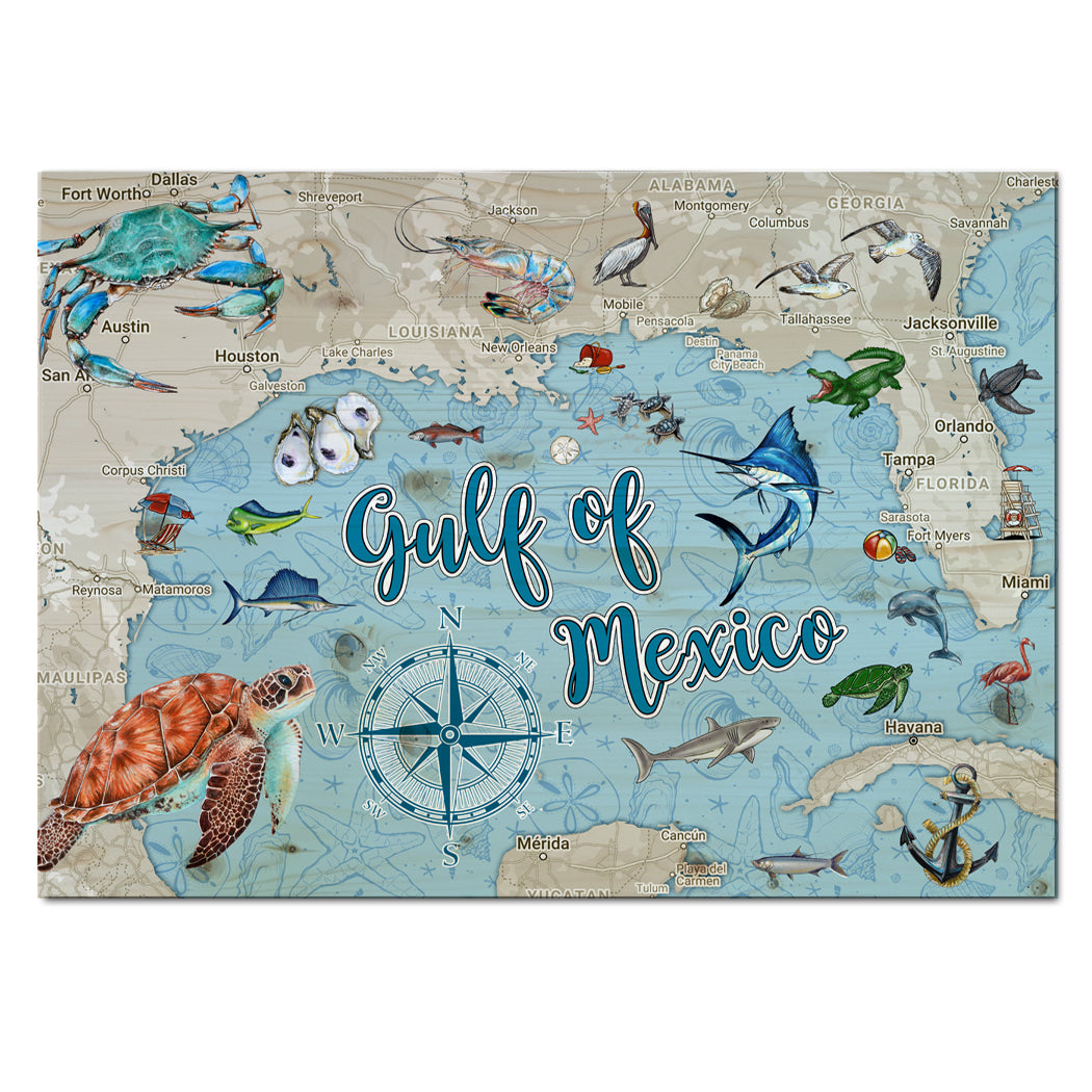 Gulf of Mexico Plank Map Ocean Life Art