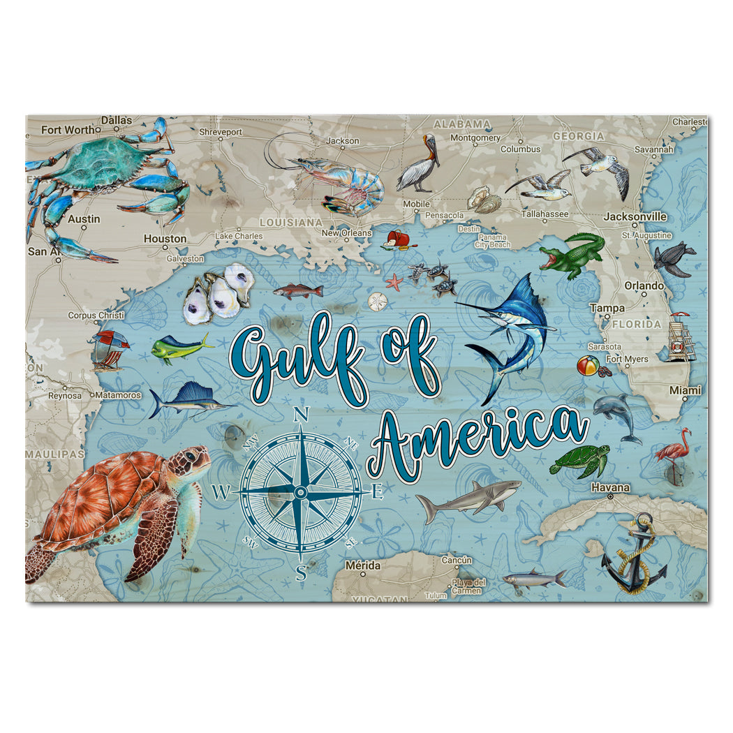 Gulf of America Plank Map Ocean Life Art