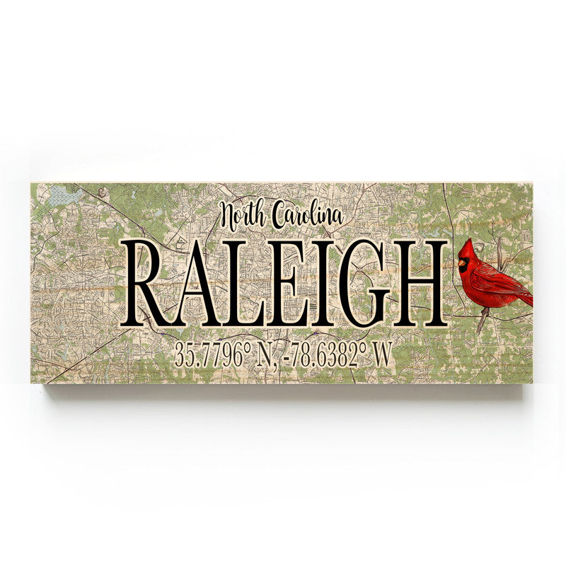 Raleigh North Carolina 3x9 Wood Coordinate Wall Hanging Map Sign