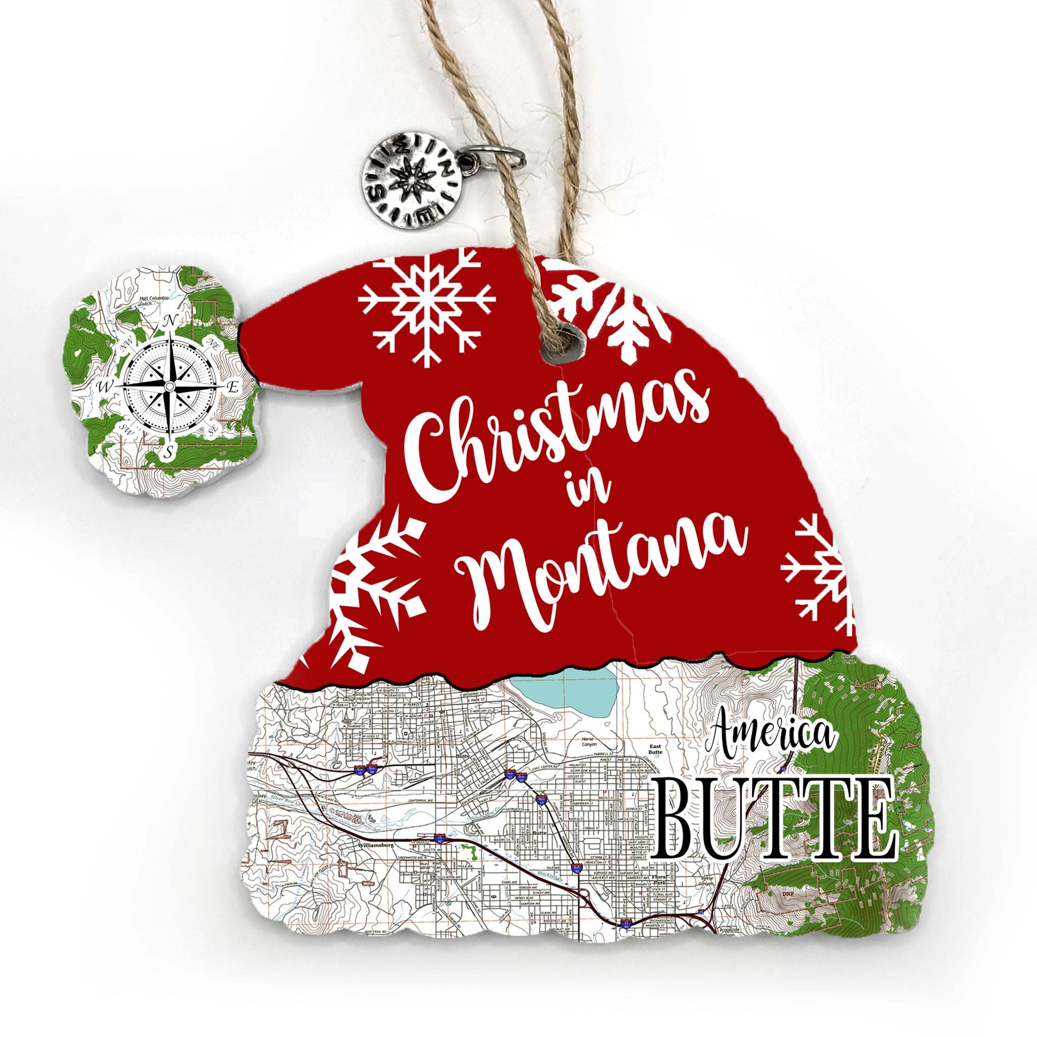 Butte, MT Red Santa Hat Shaped Wood Map Souvenir Ornament