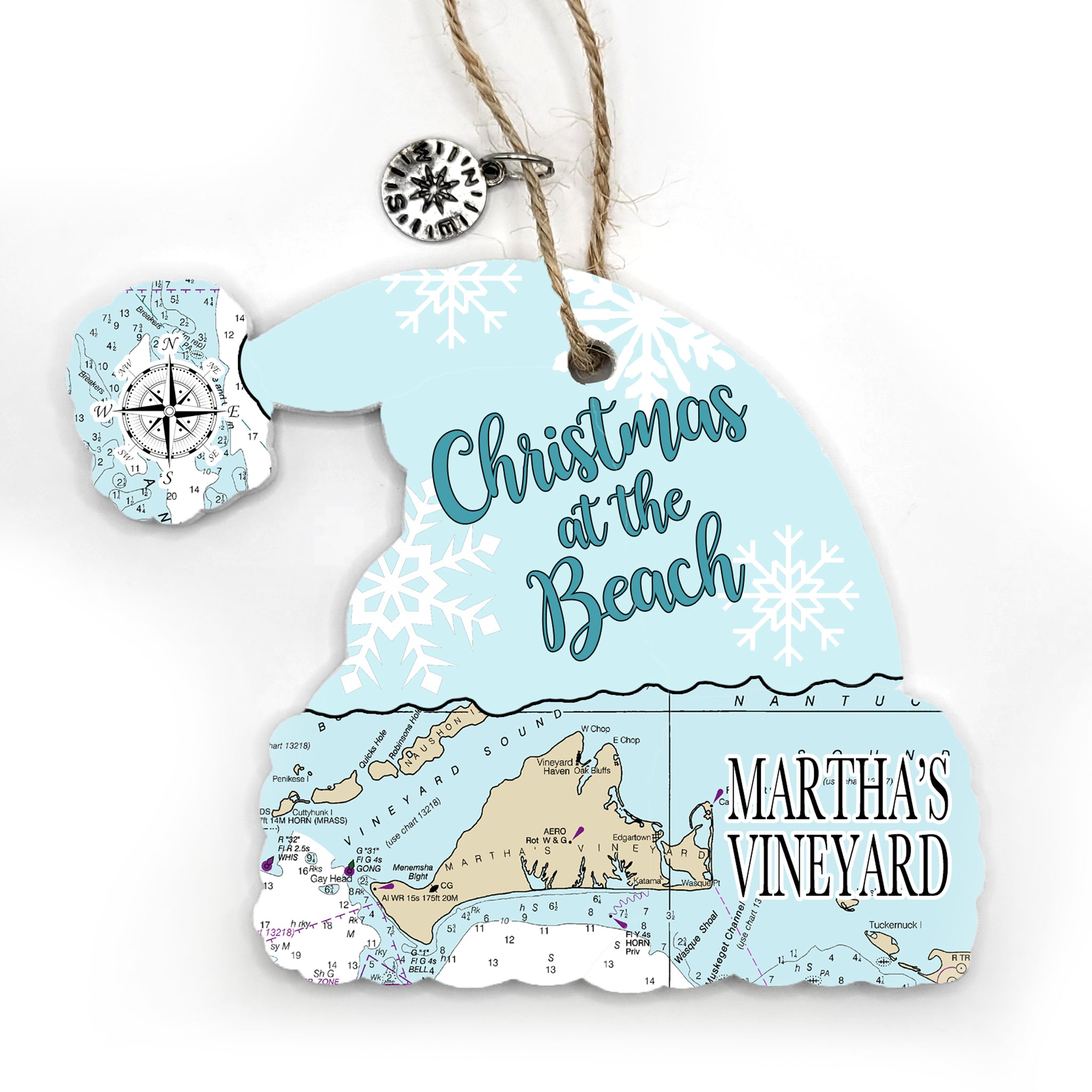 Martha's Vineyard, MA Blue Santa Hat Shaped Wood Map Souvenir Ornament