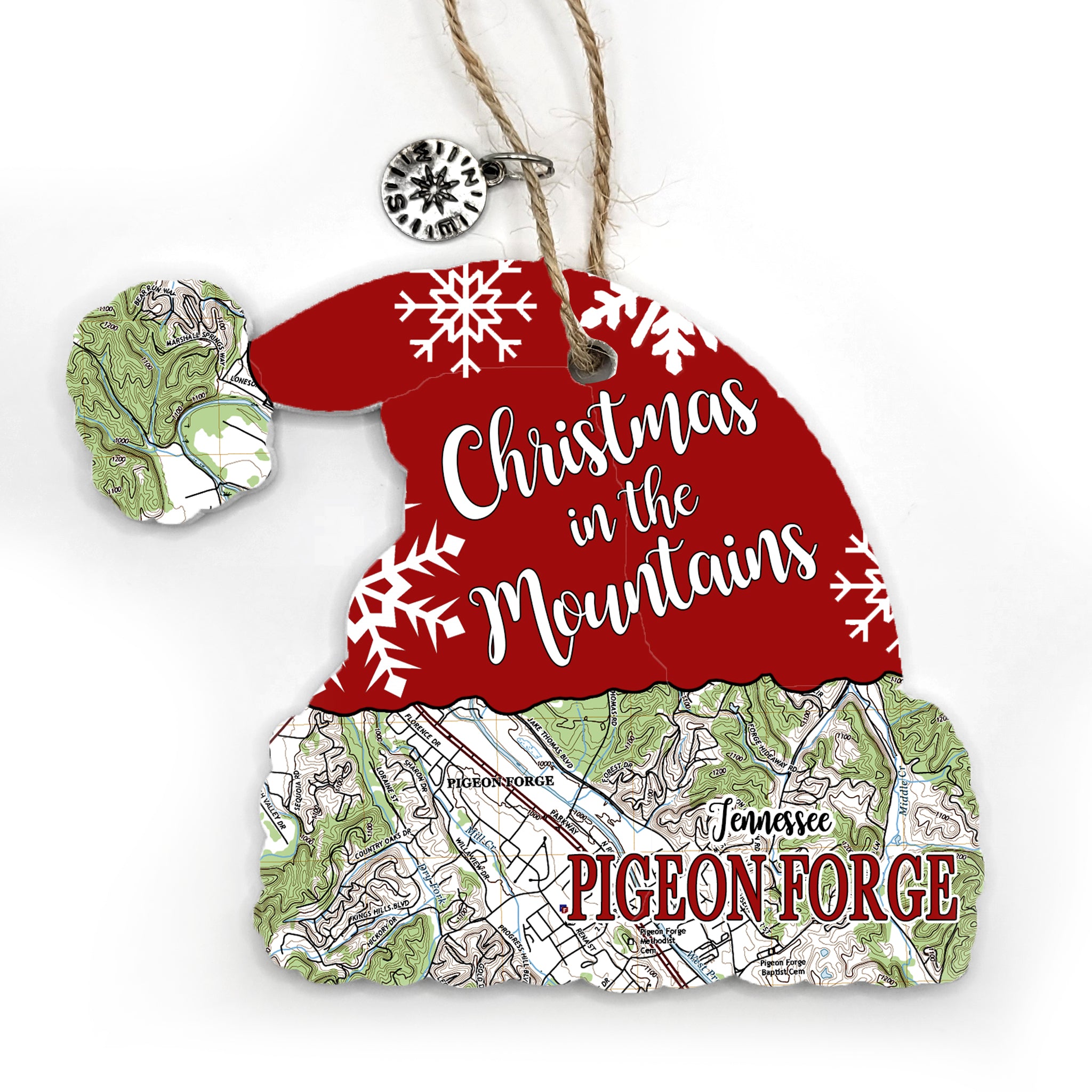 Pigeon Forge, TN Red Santa Hat Shaped Wood Map Souvenir Ornament