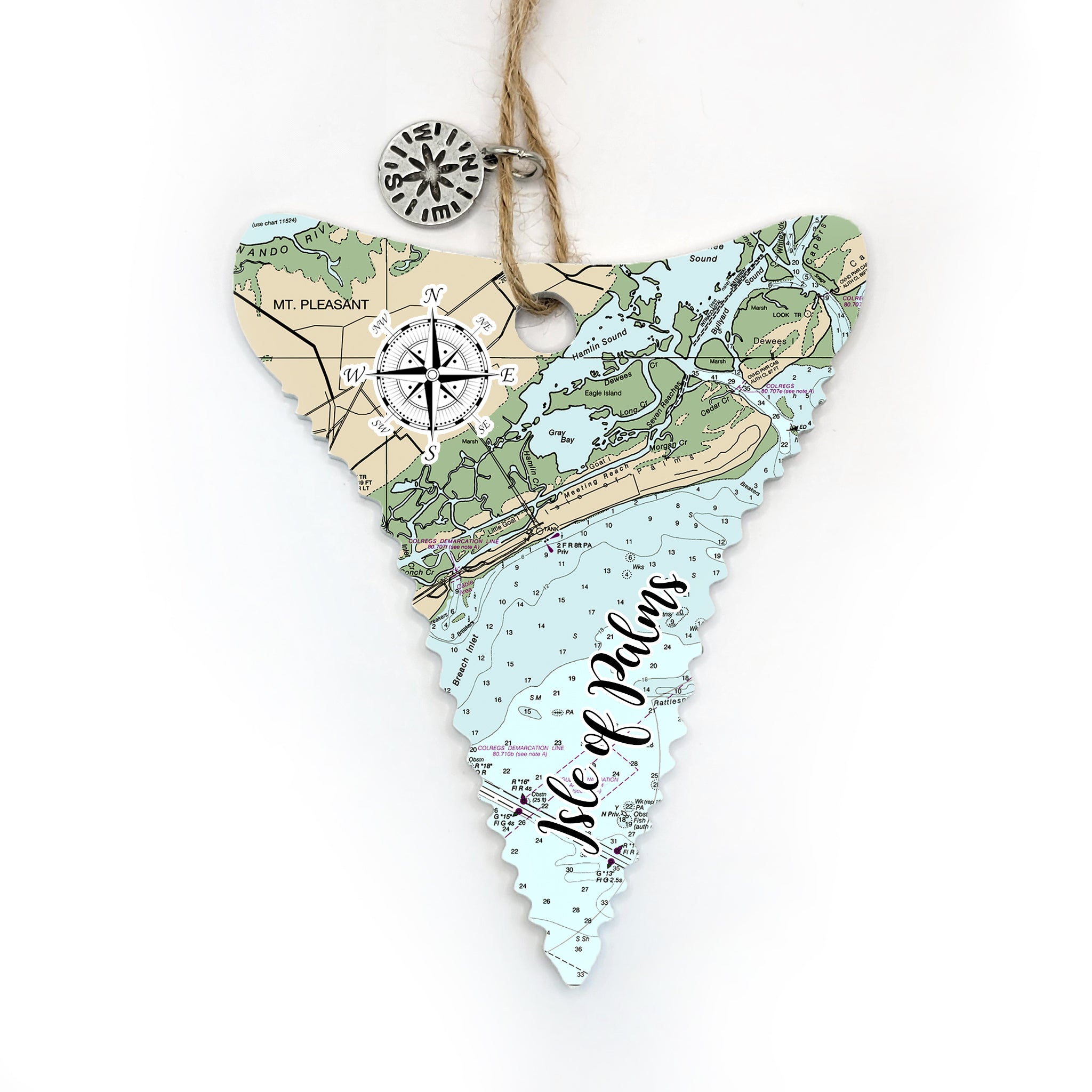 Isle of Palms, SC Shark Tooth Shaped Wood Map Souvenir Ornament