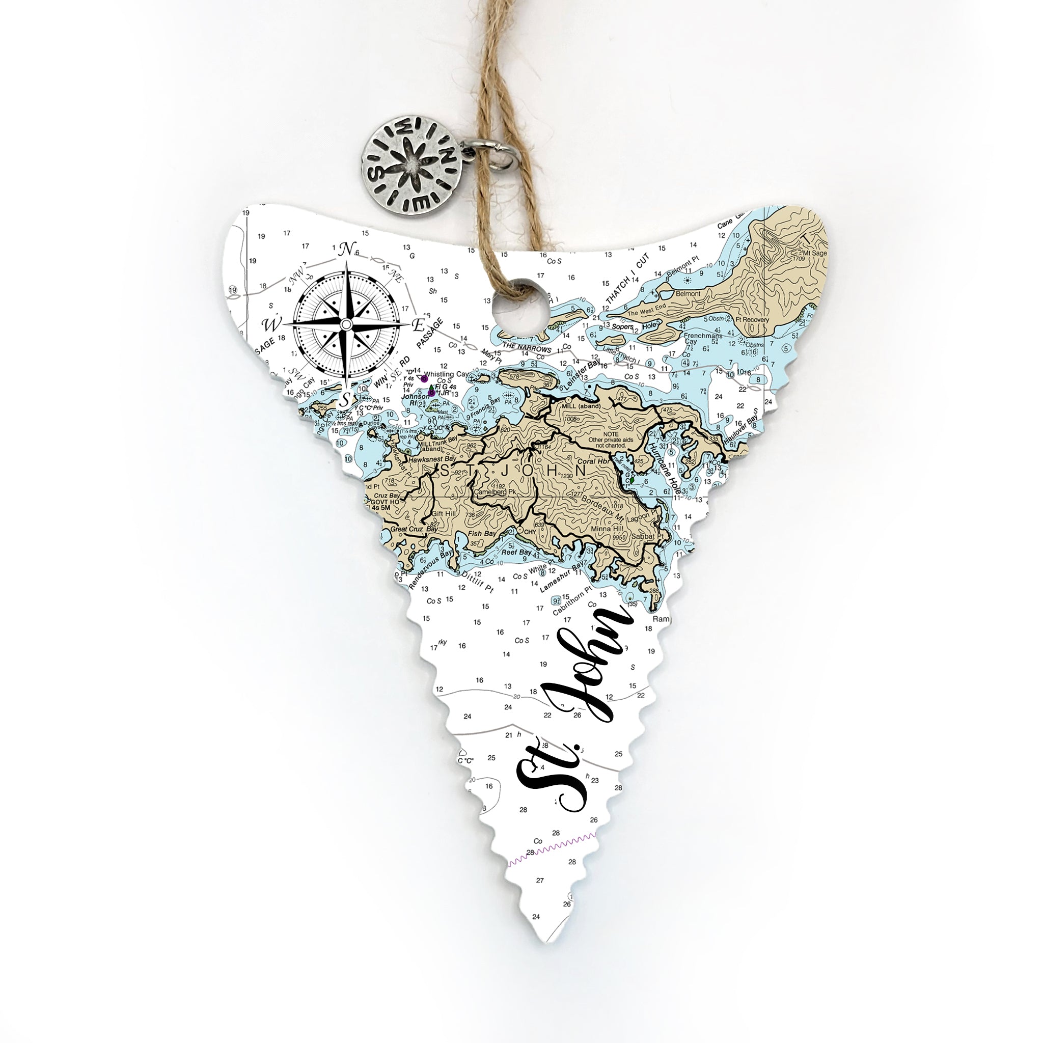 St. John, USVI Shark Tooth Shaped Wood Map Souvenir Ornament