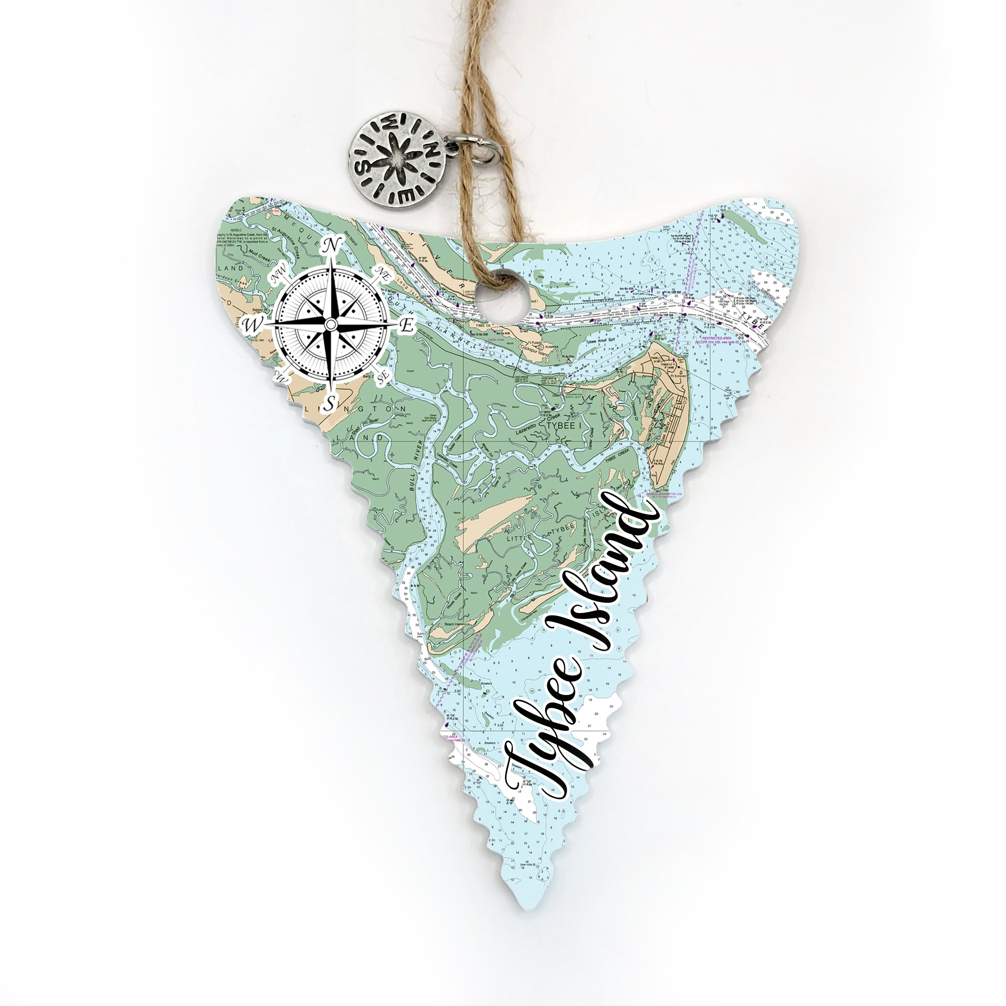 Tybee Island, GA Shark Tooth Shaped Wood Map Souvenir Ornament