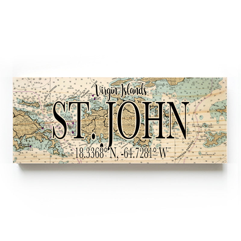 St John Virgin Islands 3x9 Wood Coordinate Wall Hanging Map Sign