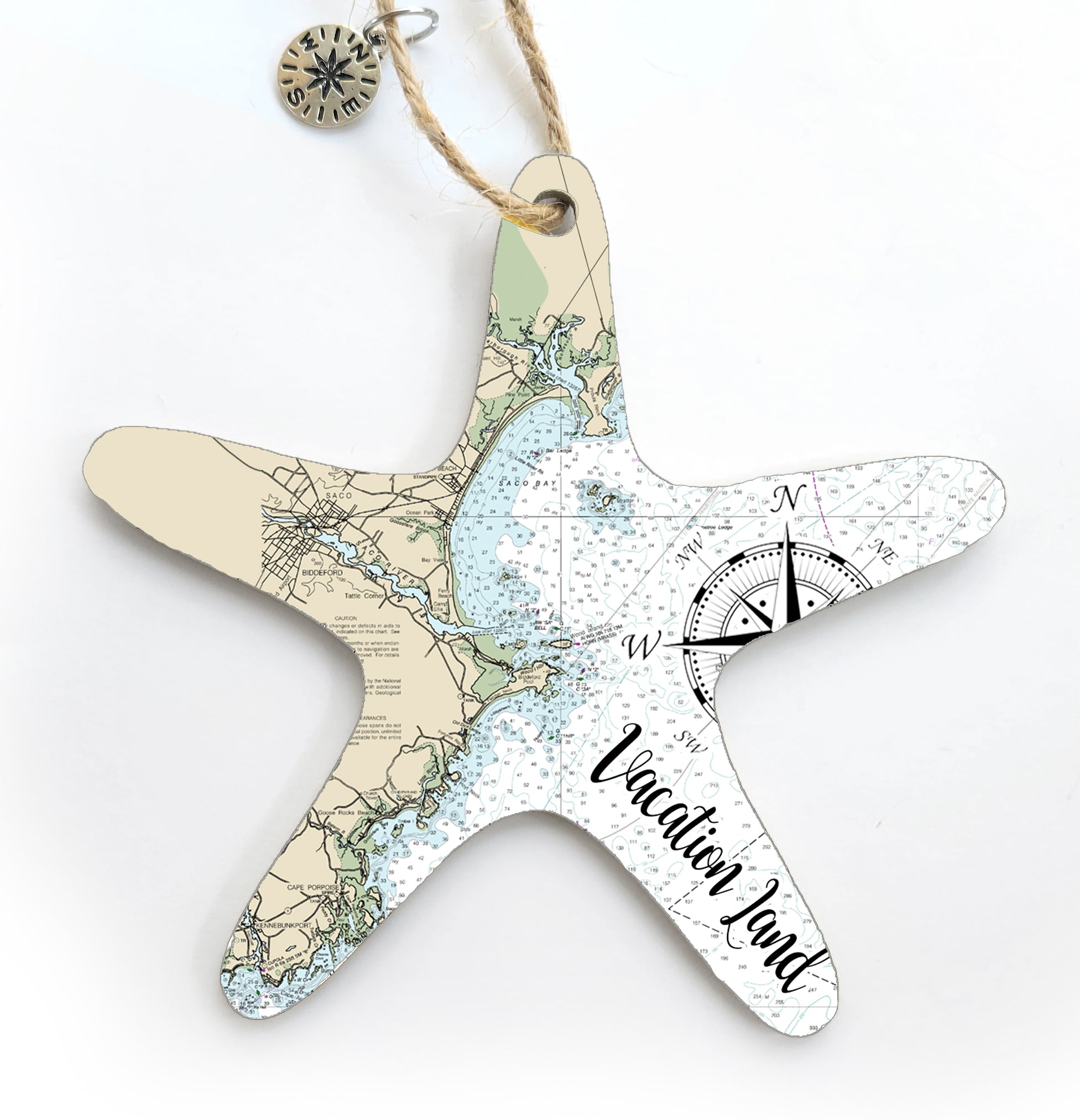 Biddeford, ME Vacationland Starfish Shaped Wood Map Souvenir Ornament