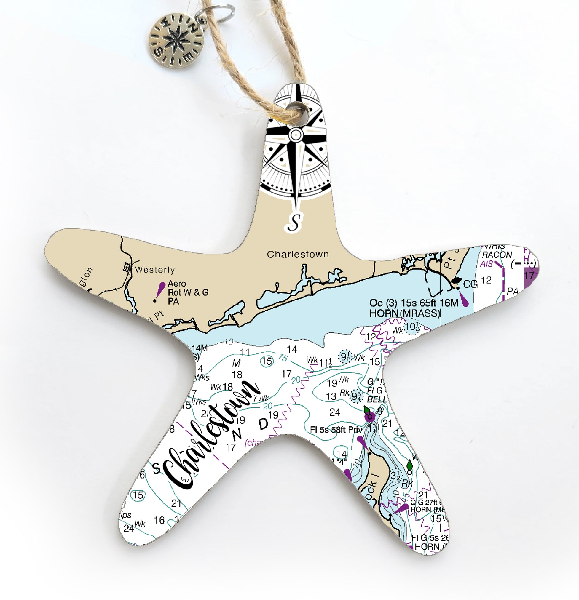 Charlestown, RI Starfish Shaped Wood Map Souvenir Ornament