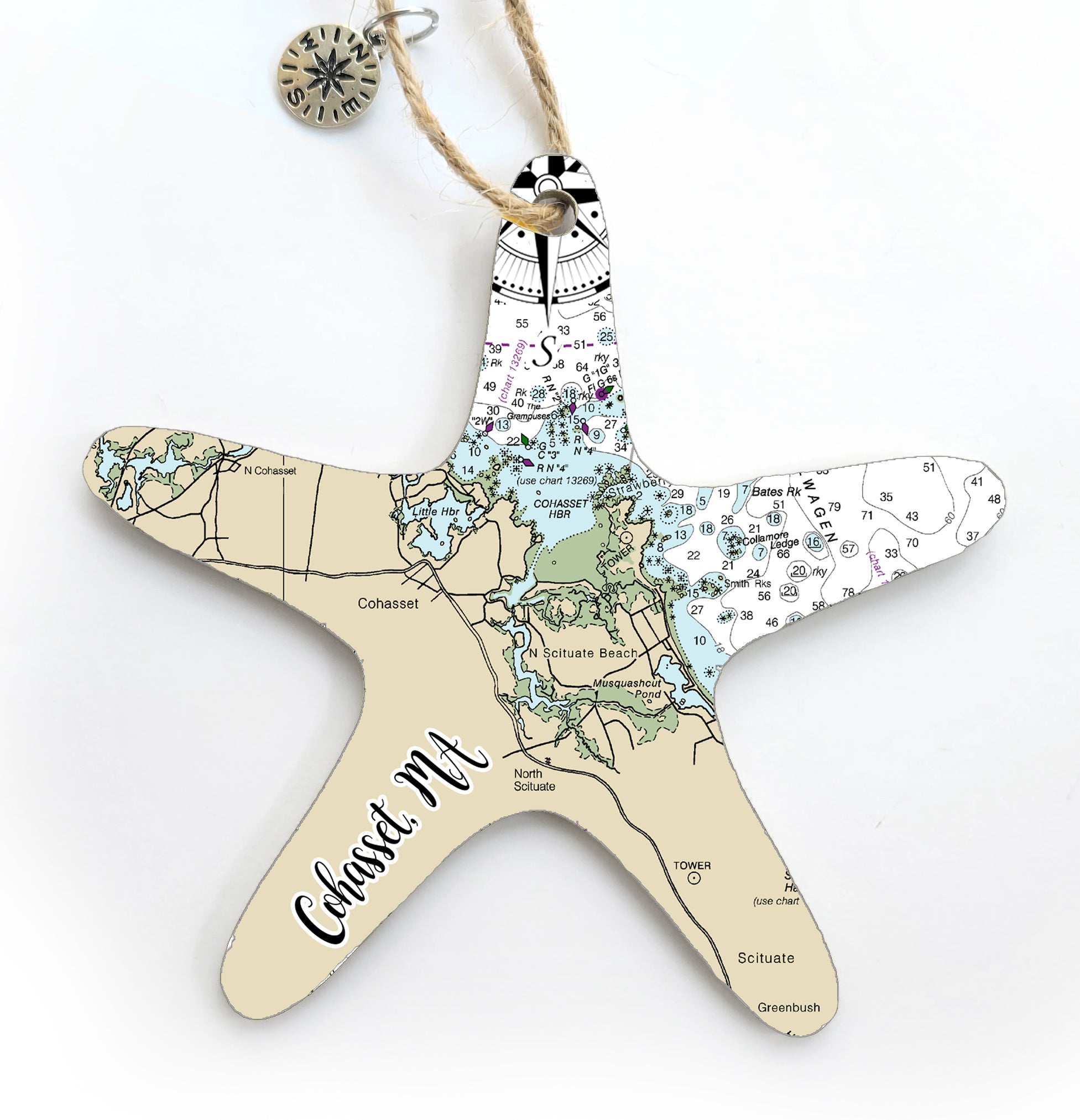 Cohasset, MA Starfish Shaped Wood Map Souvenir Ornament