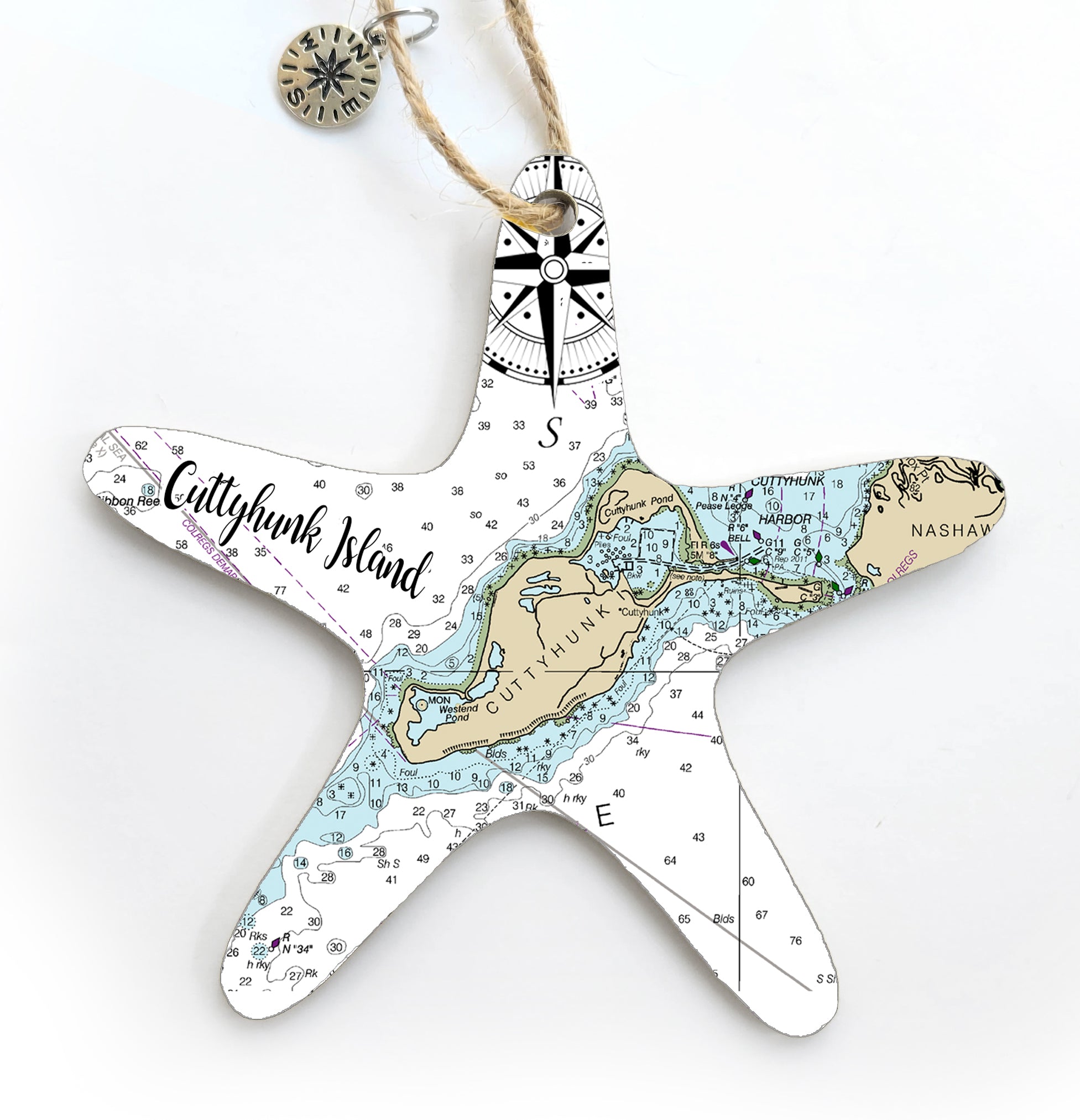 Cuttyhunk Island, MA Starfish Shaped Wood Map Souvenir Ornament