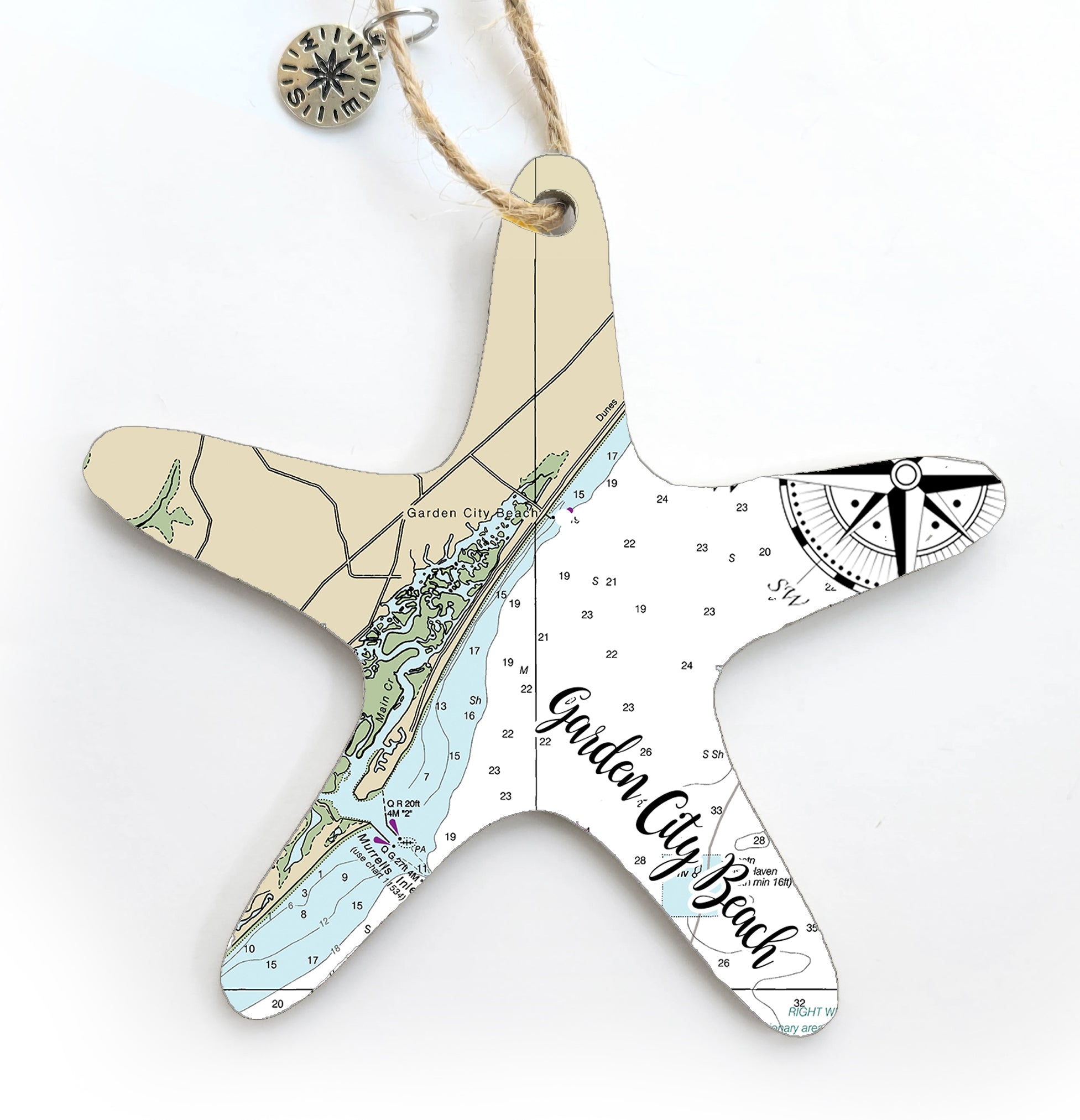 Garden City, SC Starfish Shaped Wood Map Souvenir Ornament