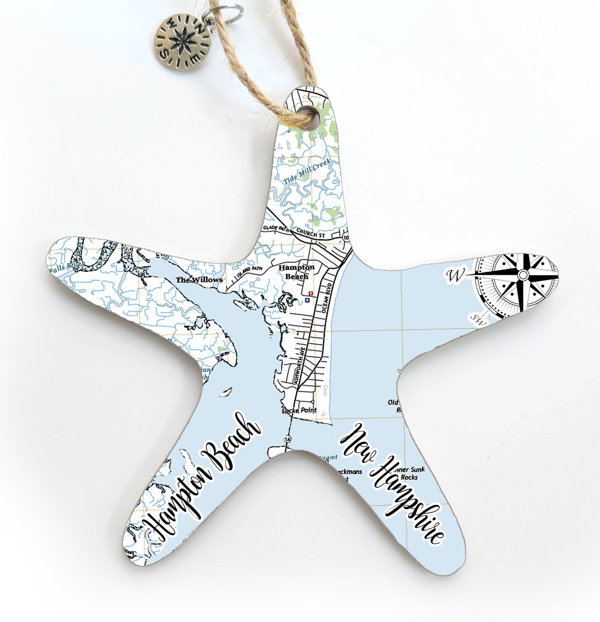 Hampton Beach, NH Starfish Shaped Wood Map Souvenir Ornament