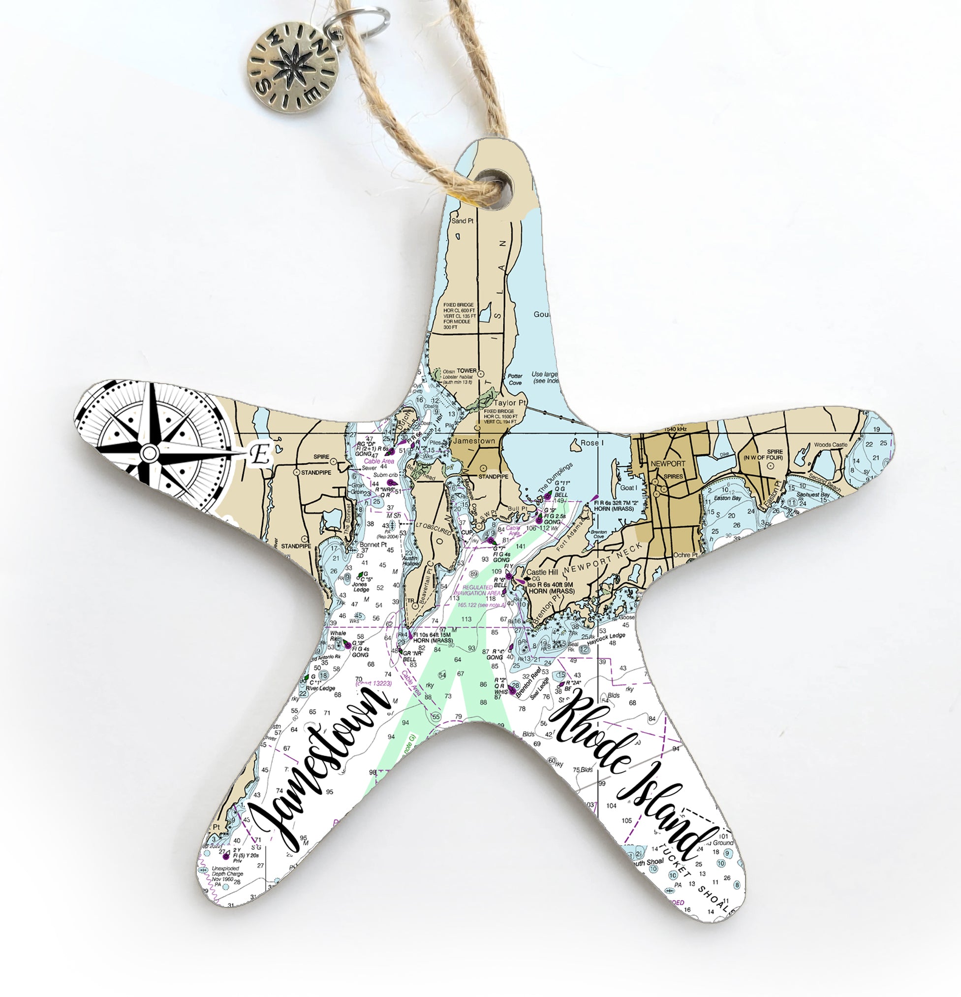 Jamestown, RI Starfish Shaped Wood Map Souvenir Ornament