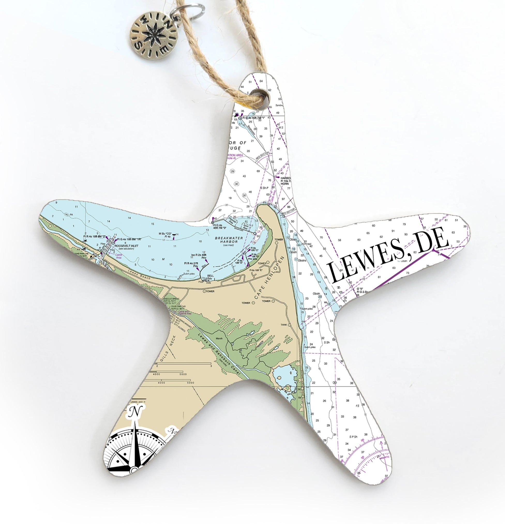 Lewes, DE Starfish Shaped Wood Map Souvenir Ornament