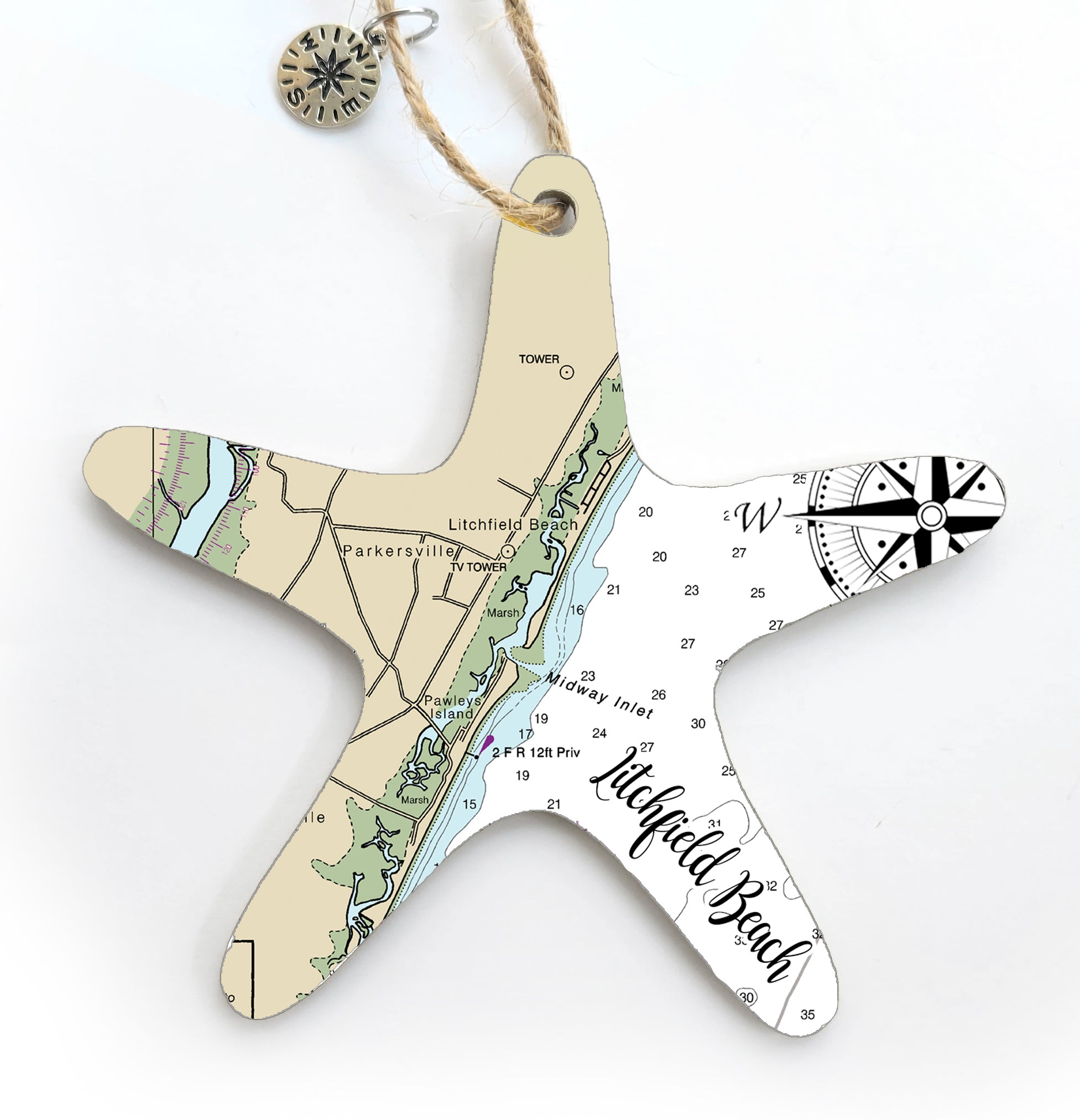 Litchfield, SC Starfish Shaped Wood Map Souvenir Ornament