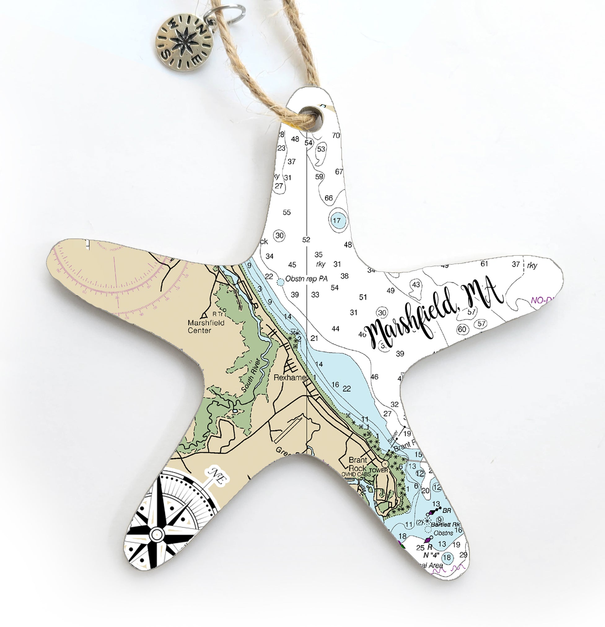 Marshfield, MA Starfish Shaped Wood Map Souvenir Ornament