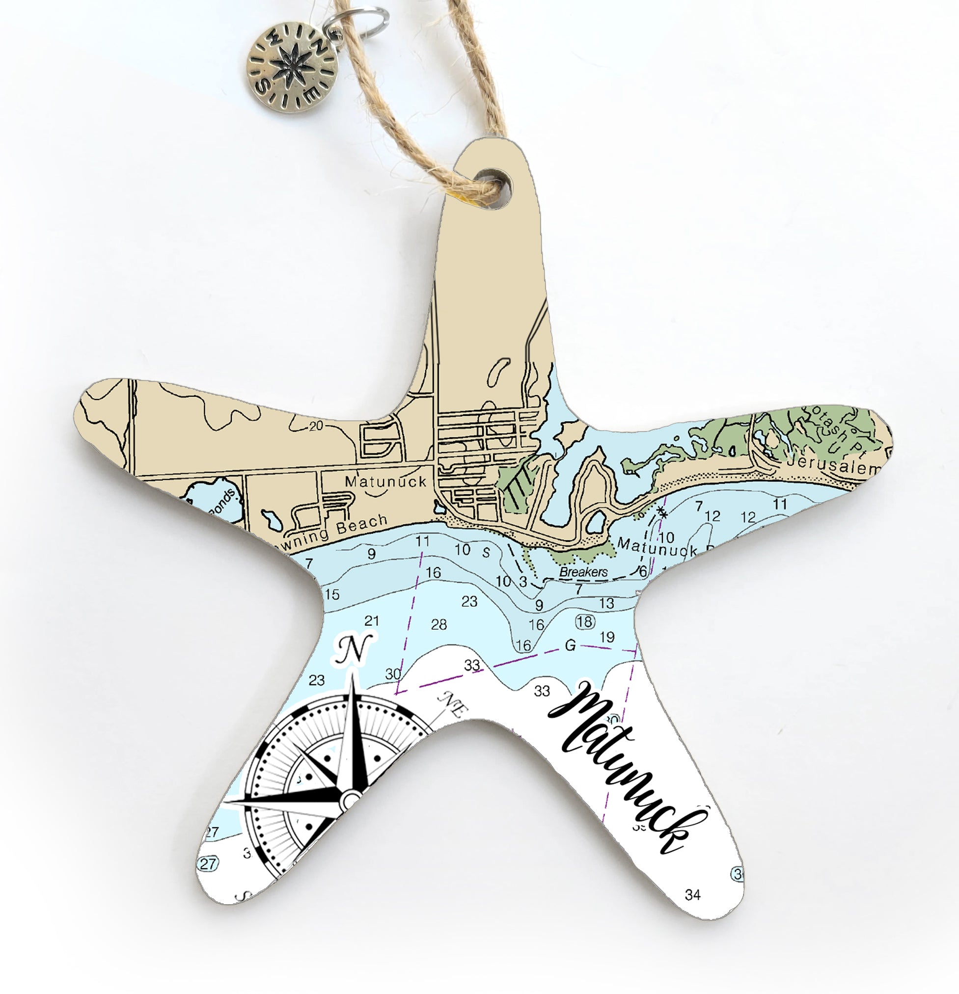 Matunuck, RI Starfish Shaped Wood Map Souvenir Ornament
