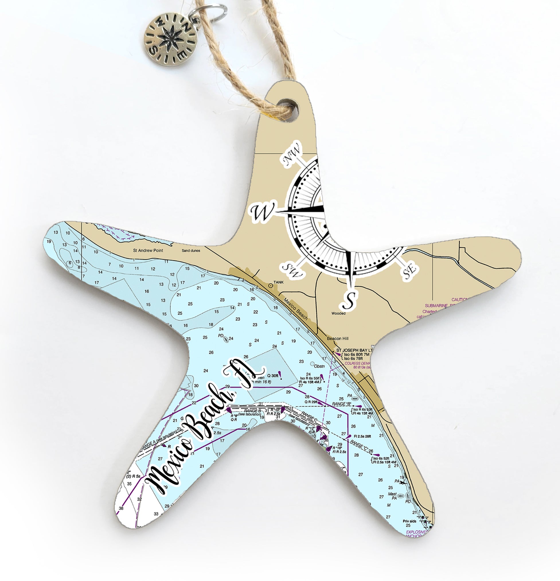 Mexico Beach, FL Starfish Shaped Wood Map Souvenir Ornament