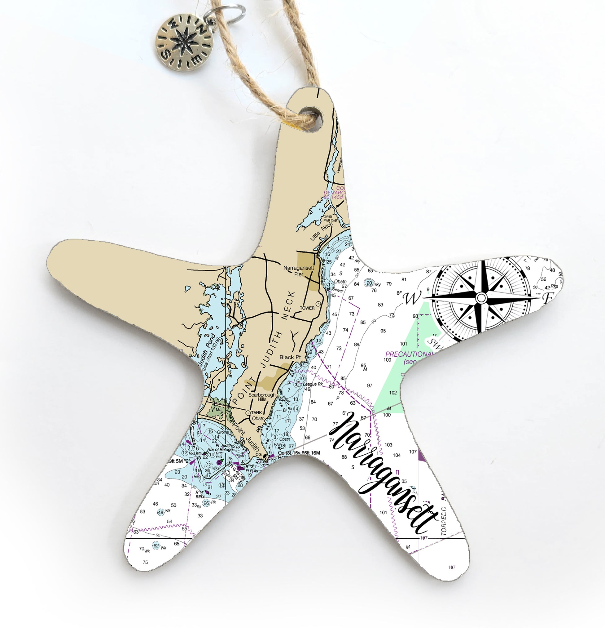 Narragansett, RI Starfish Shaped Wood Map Souvenir Ornament