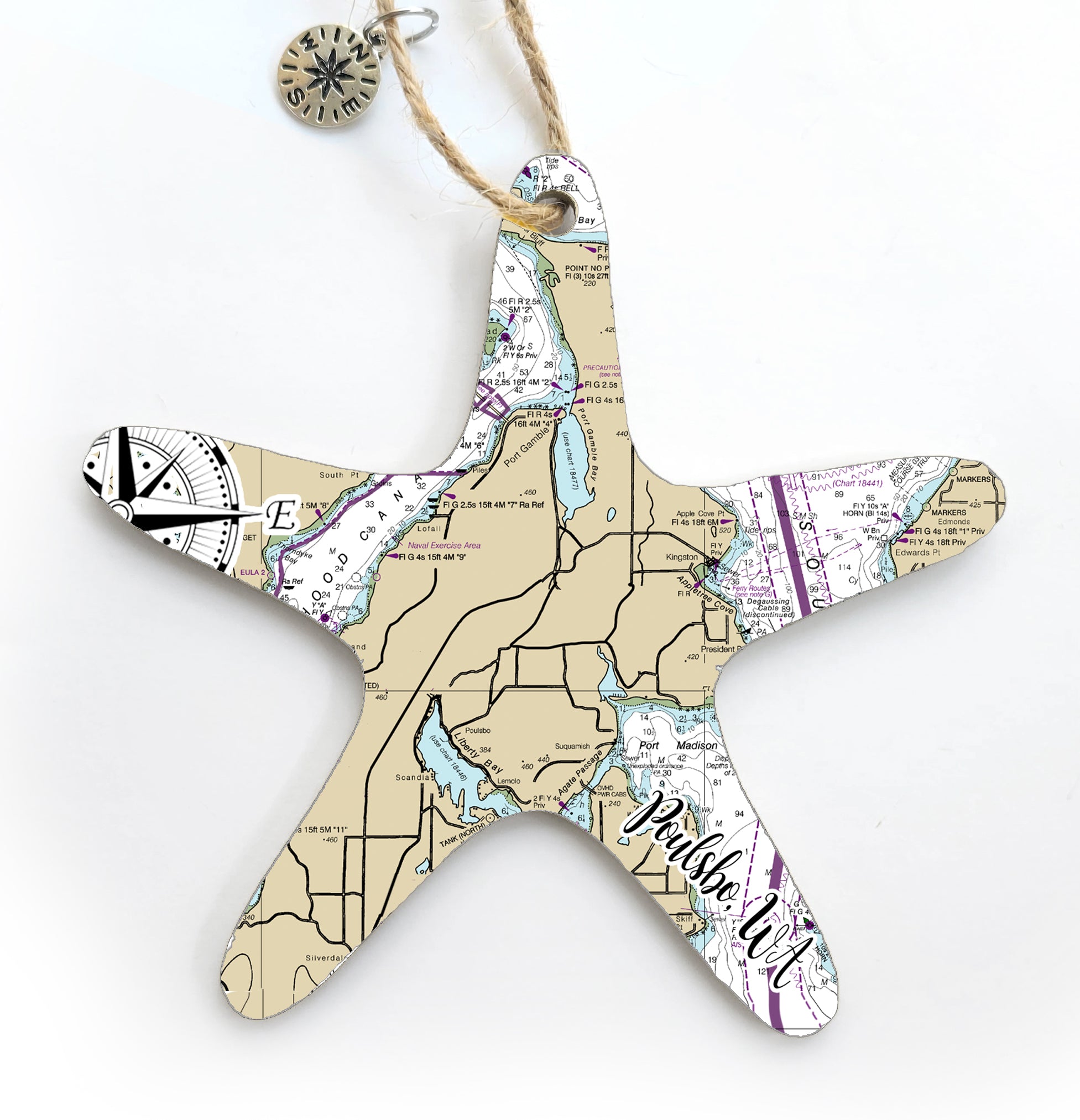 Poulsbo, WA Starfish Shaped Wood Map Souvenir Ornament