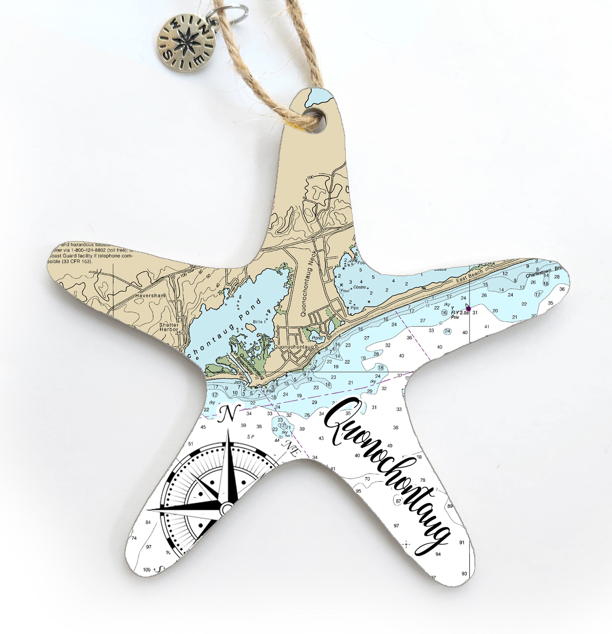 Quonochontaug, RI Starfish Shaped Wood Map Souvenir Ornament