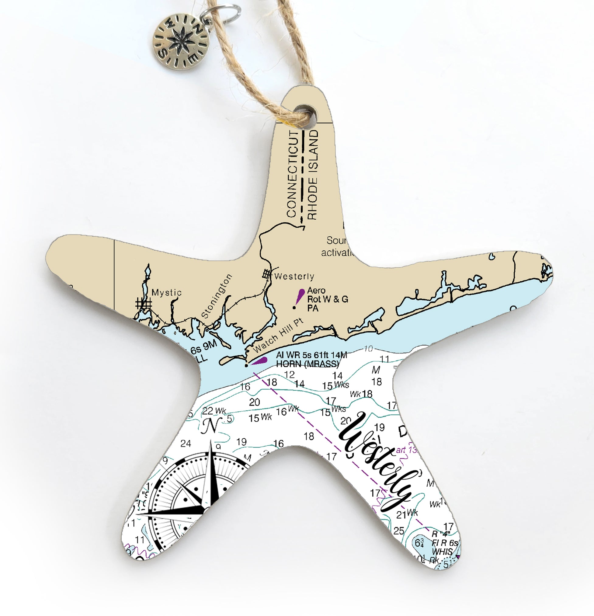 Westerly, RI Starfish Shaped Wood Map Souvenir Ornament