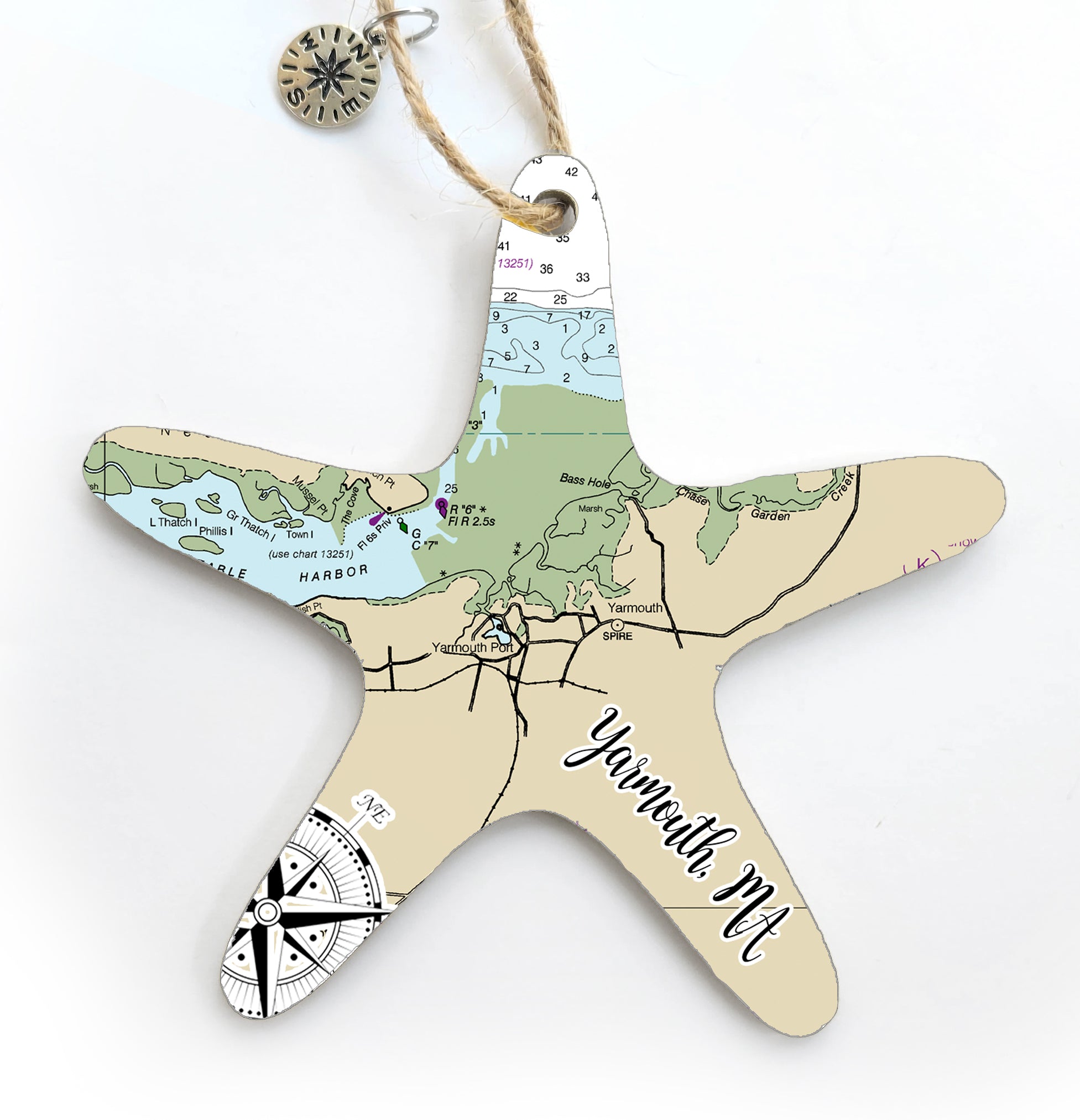 Yarmouth, MA Starfish Shaped Wood Map Souvenir Ornament