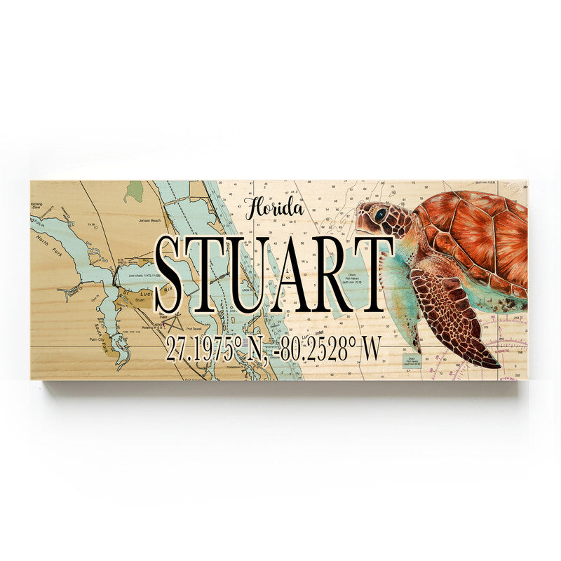 Stuart Florida with Sea Turtle 3x9 Wood Coordinate Wall Hanging Map Sign