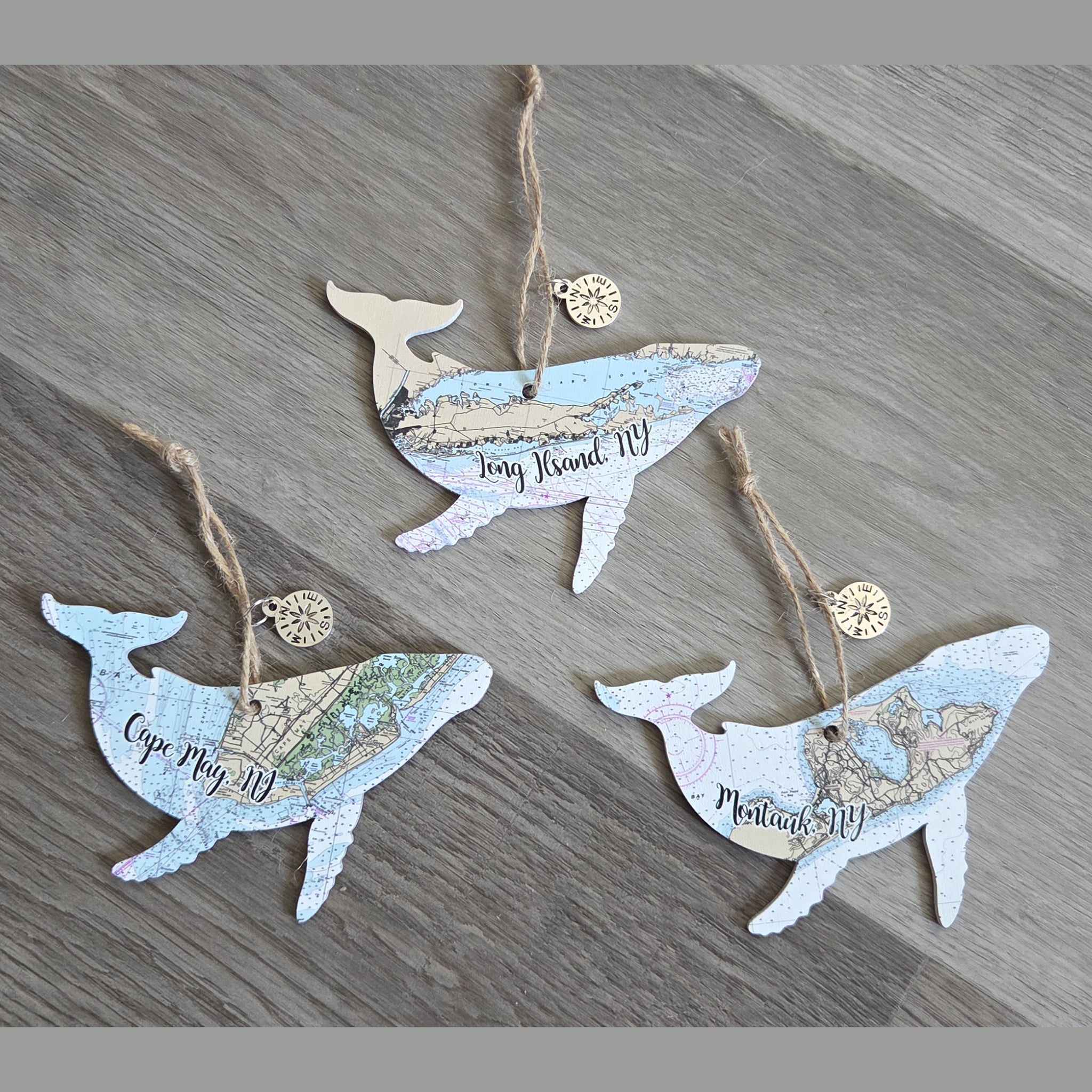 Long Island, NY Whale Shaped Wood Map Souvenir Ornament