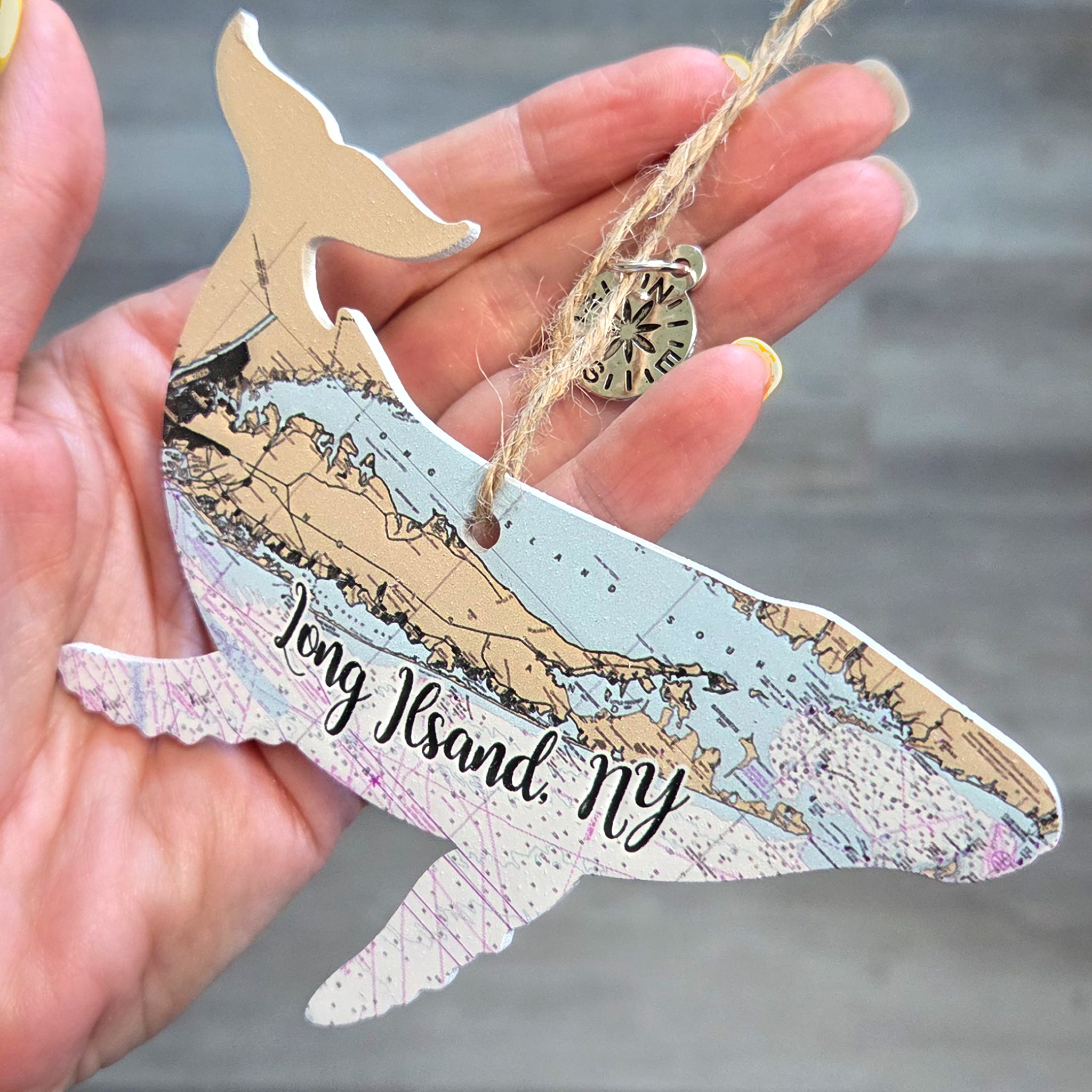Long Island, NY Whale Shaped Wood Map Souvenir Ornament
