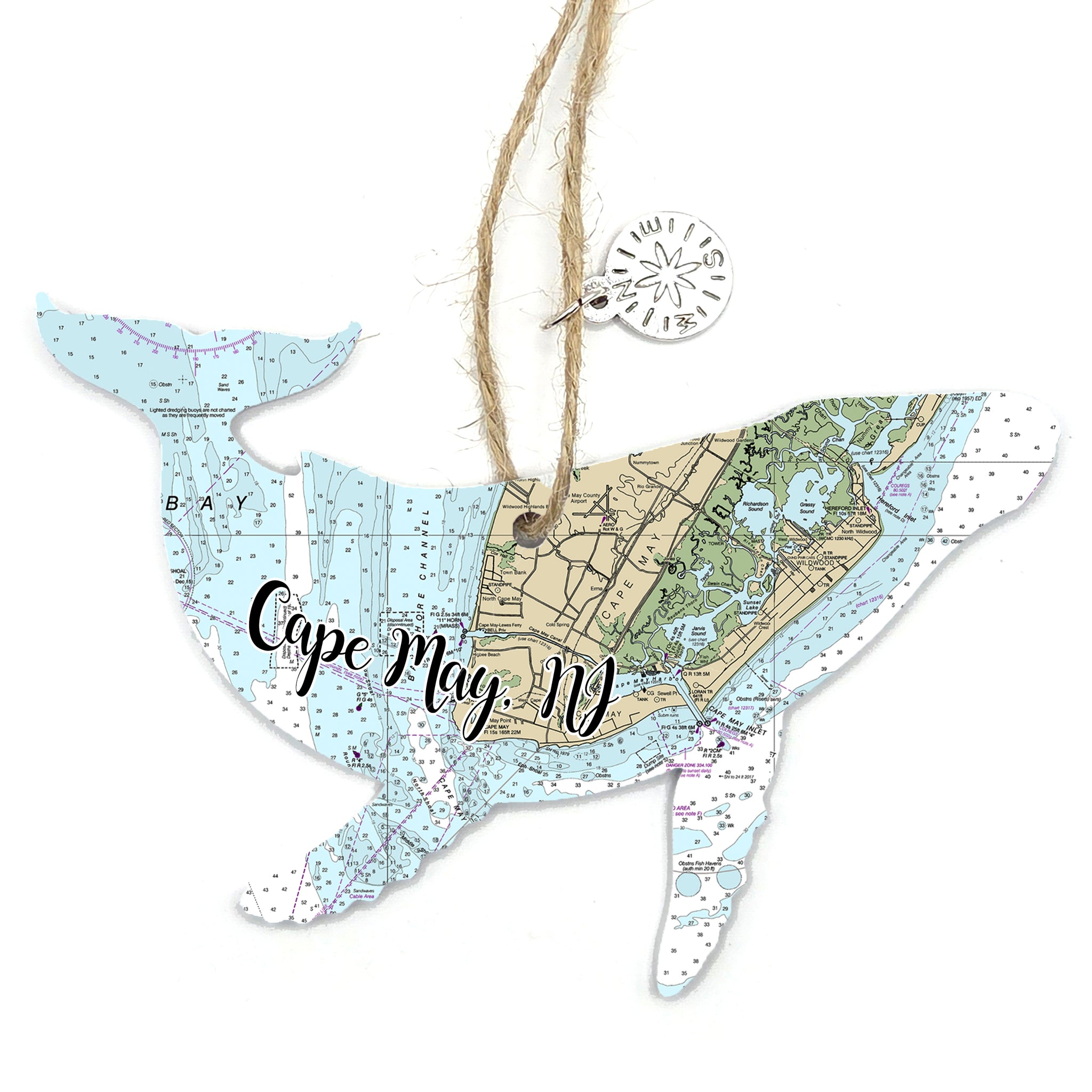 Cape May, NJ Whale Shaped Wood Map Souvenir Ornament