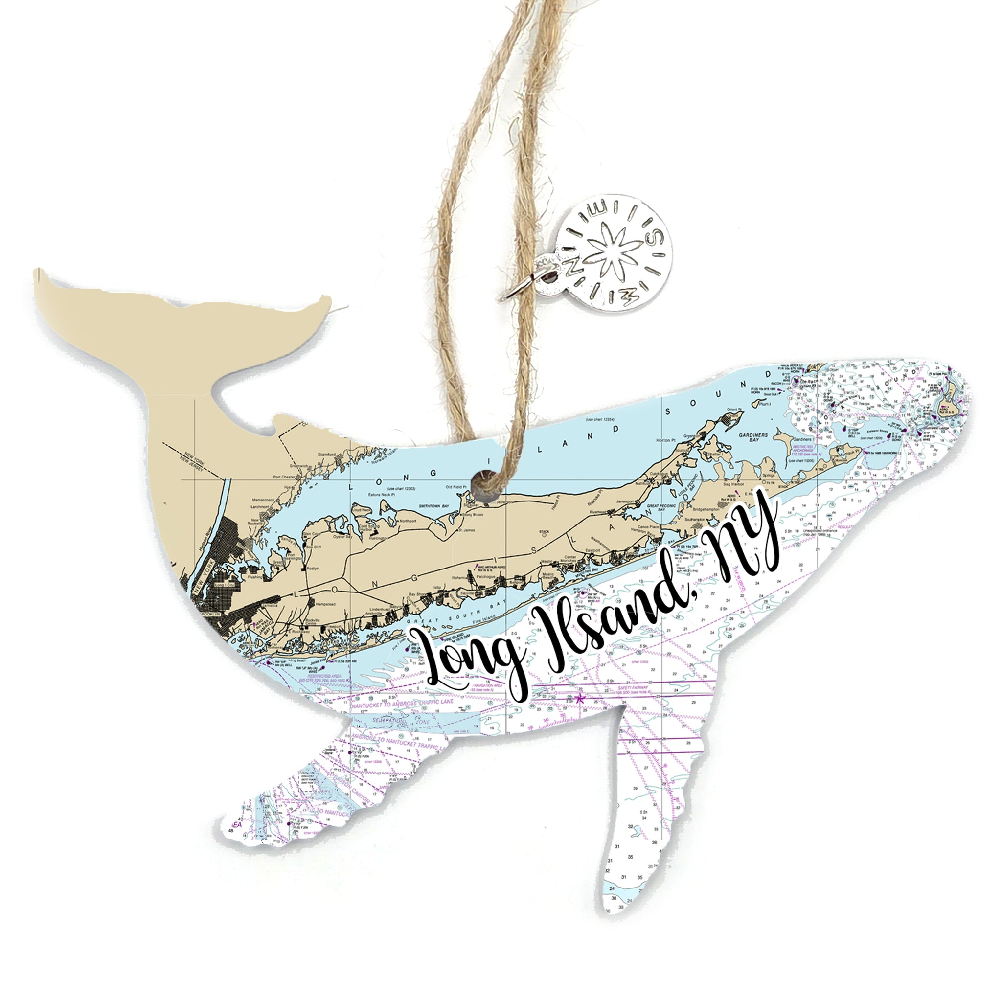 Long Island, NY Whale Shaped Wood Map Souvenir Ornament
