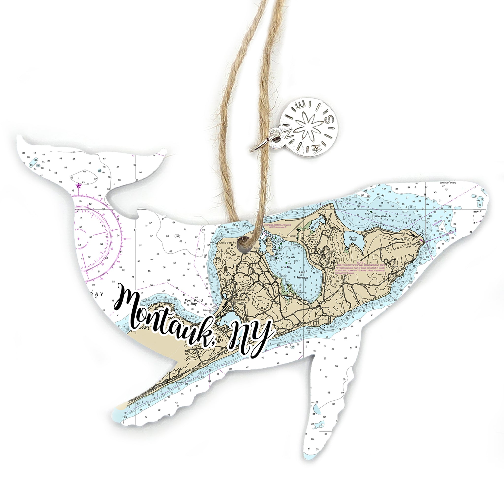 Montauk, NY Whale Shaped Wood Map Souvenir Ornament