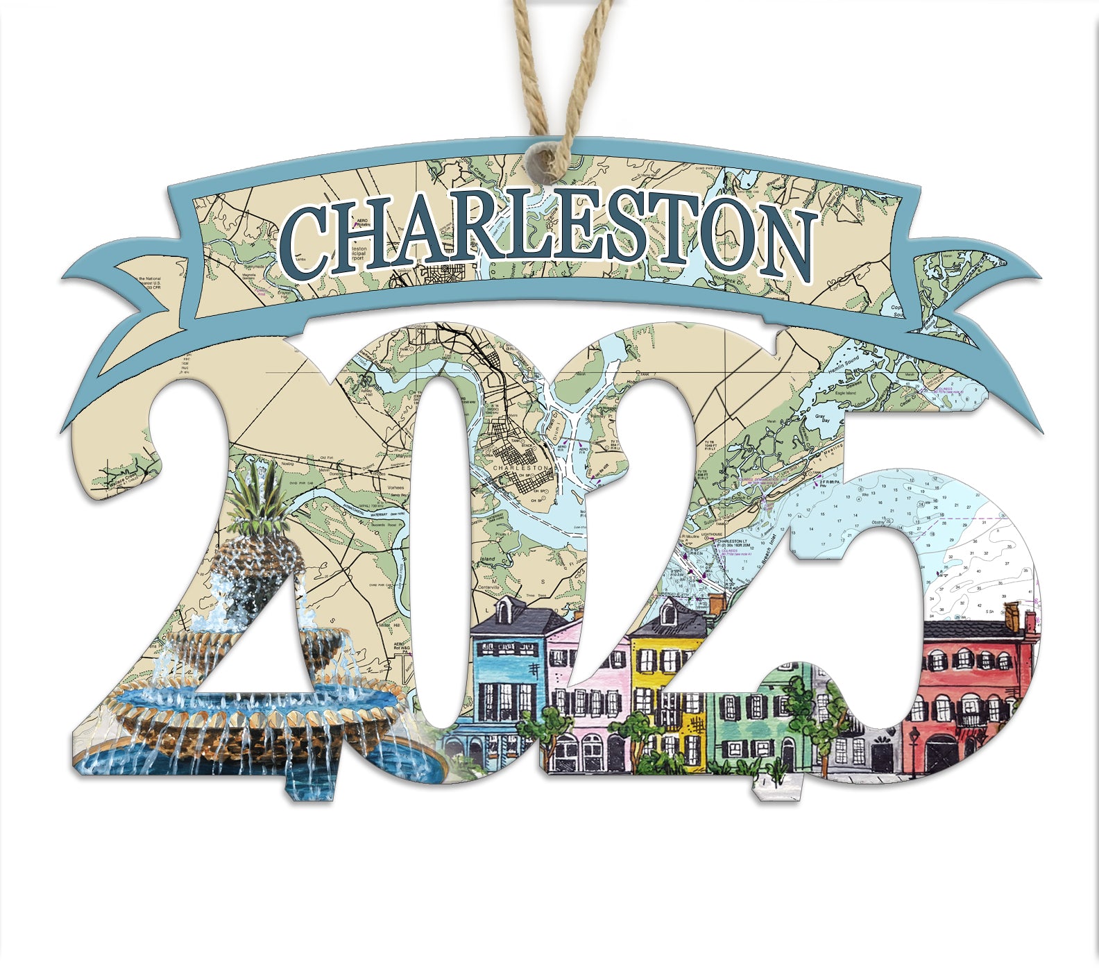 Charleston, SC 2025 Artwork Wood Map Souvenir Ornament