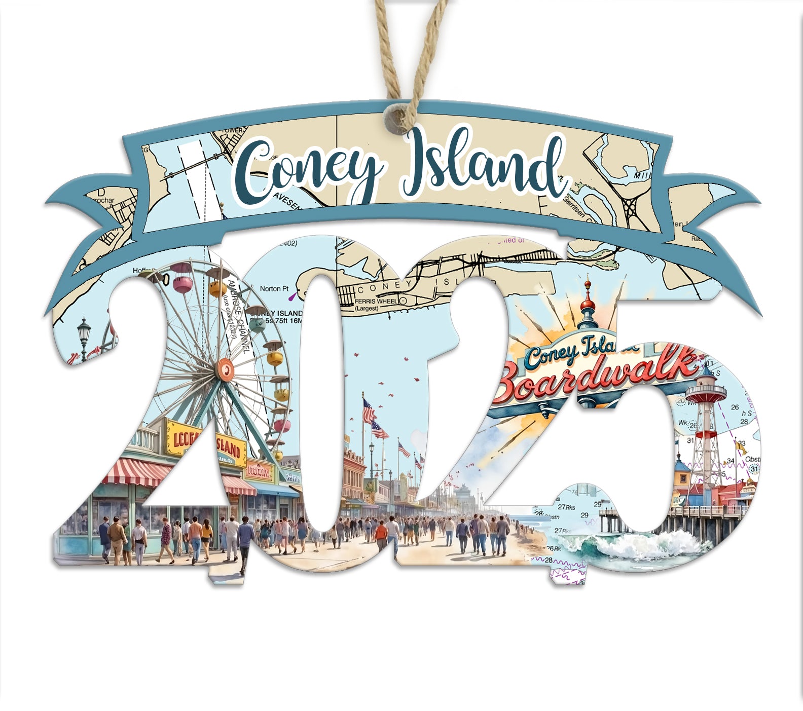 Coney Island 2025 Wood Artwork Map Souvenir Ornament