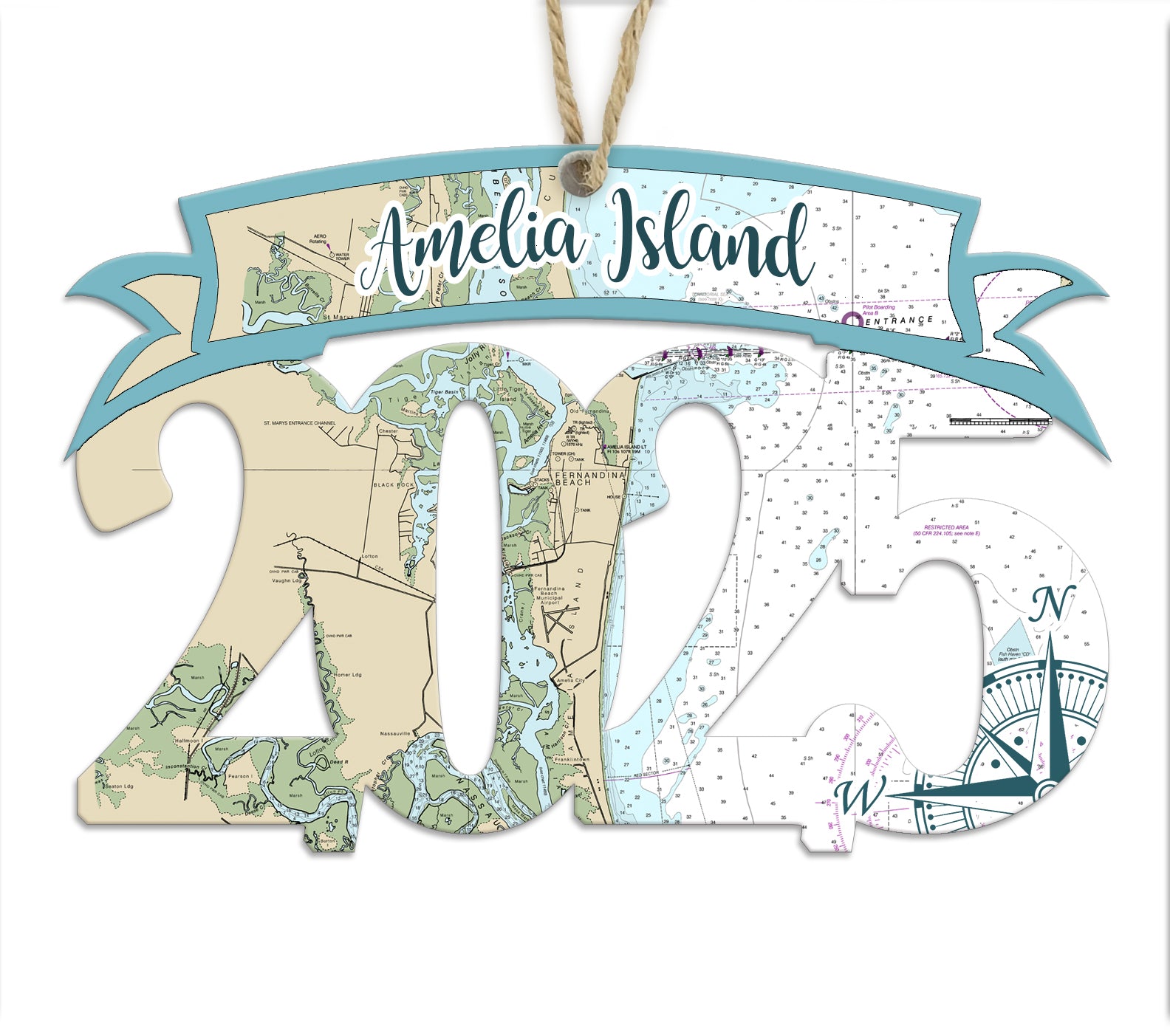 Amelia Island, FL 2025 Wood Art Map Souvenir Ornament