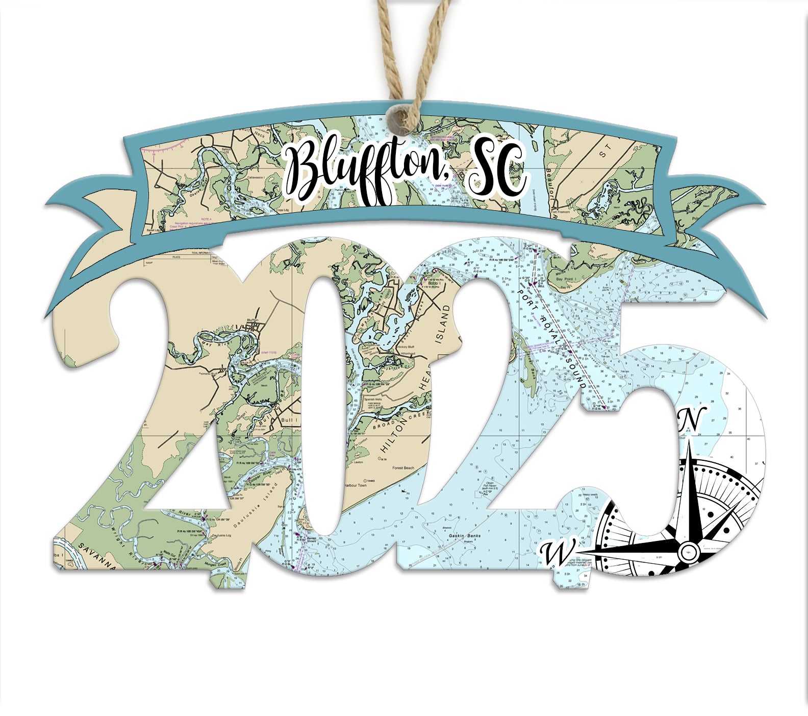 Bluffton, SC 2025 Wood Map Souvenir Ornament