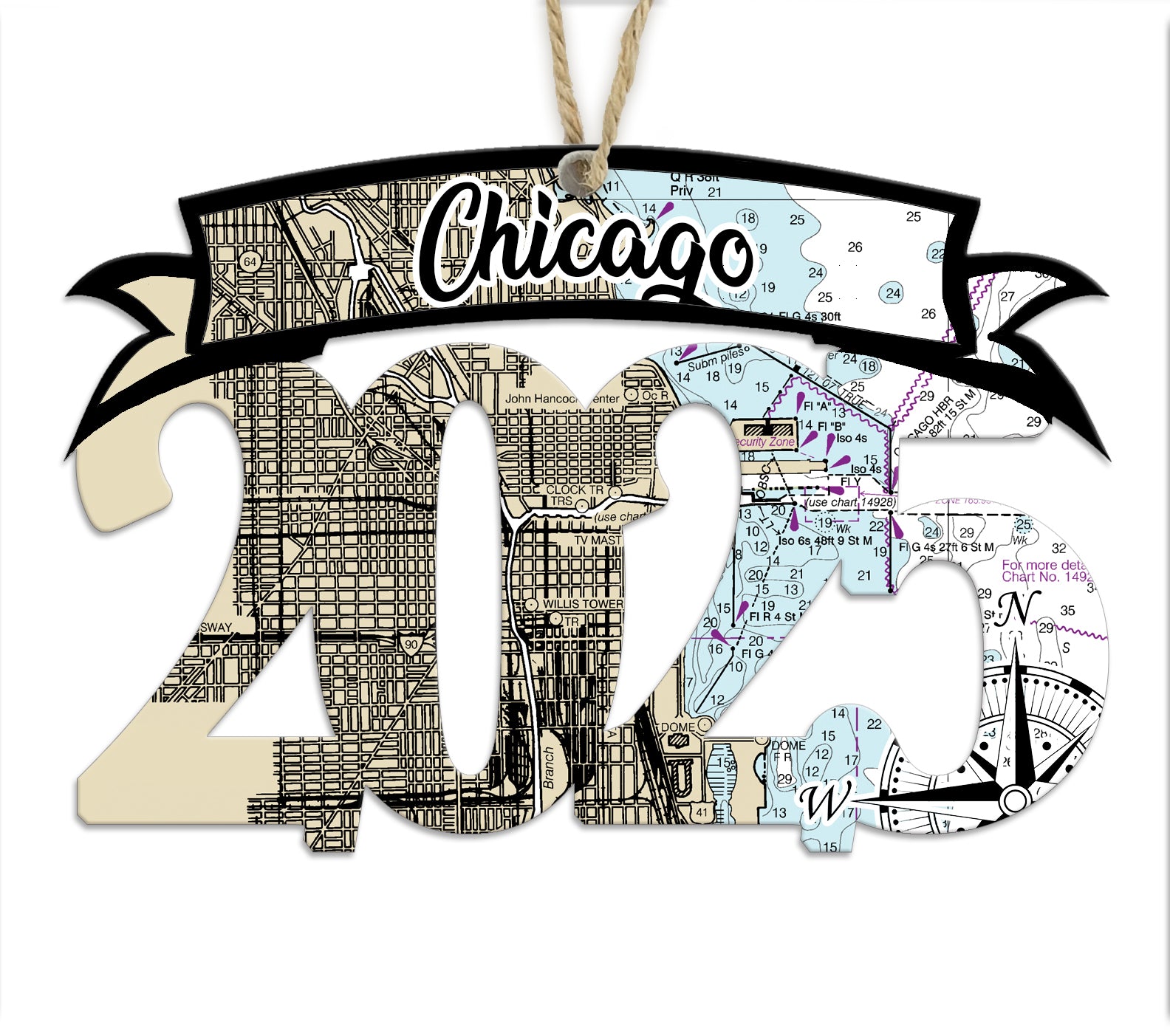 Chicago, IL 2025 Wood Map Souvenir Ornament