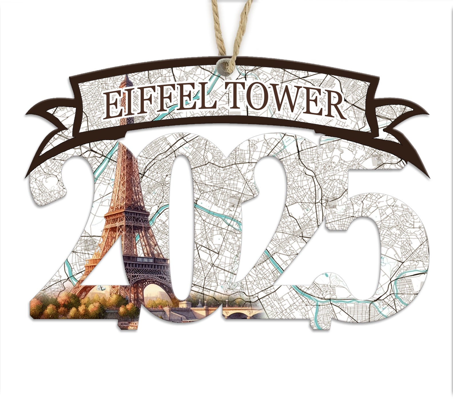 Eiffel 2025 Wood Map Souvenir Ornament