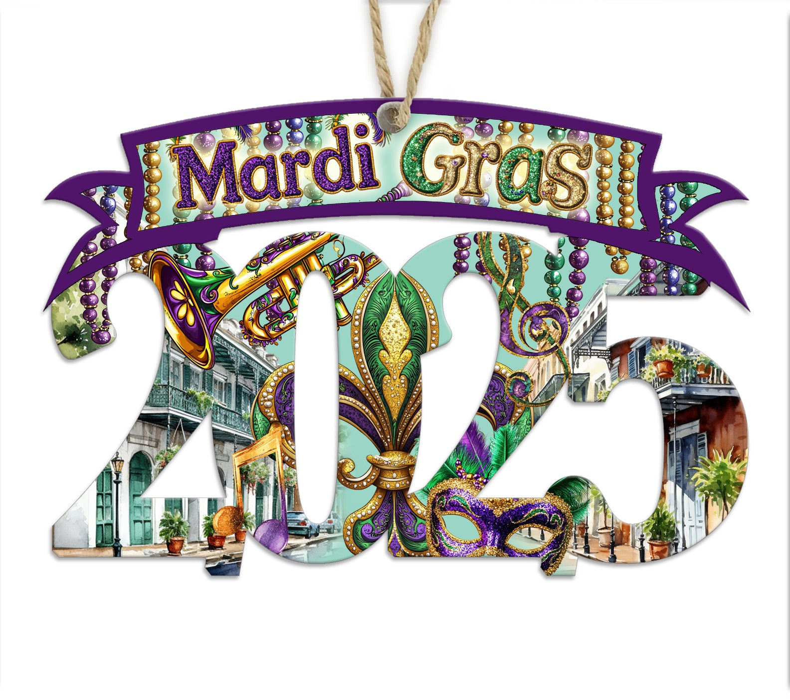 Mardi Gras, New Orleans 2025 Wood Map Souvenir Ornament