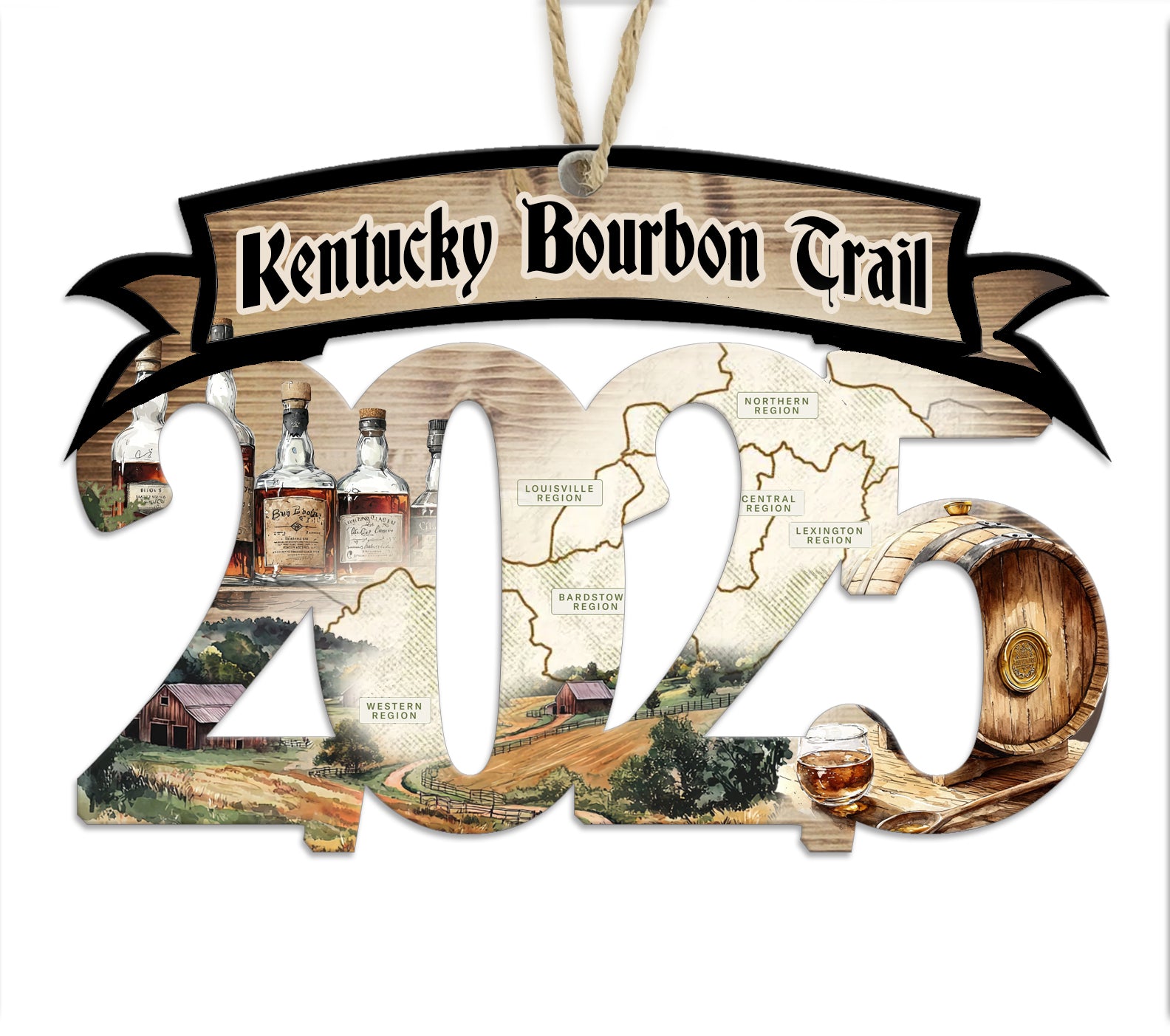 Kentucky Bourbon Trail 2025 Wood Map Souvenir Ornament