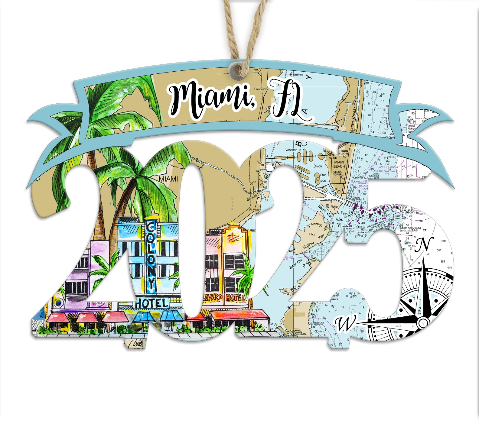Miami, FL 2025 Wood Artwork Map Souvenir Ornament
