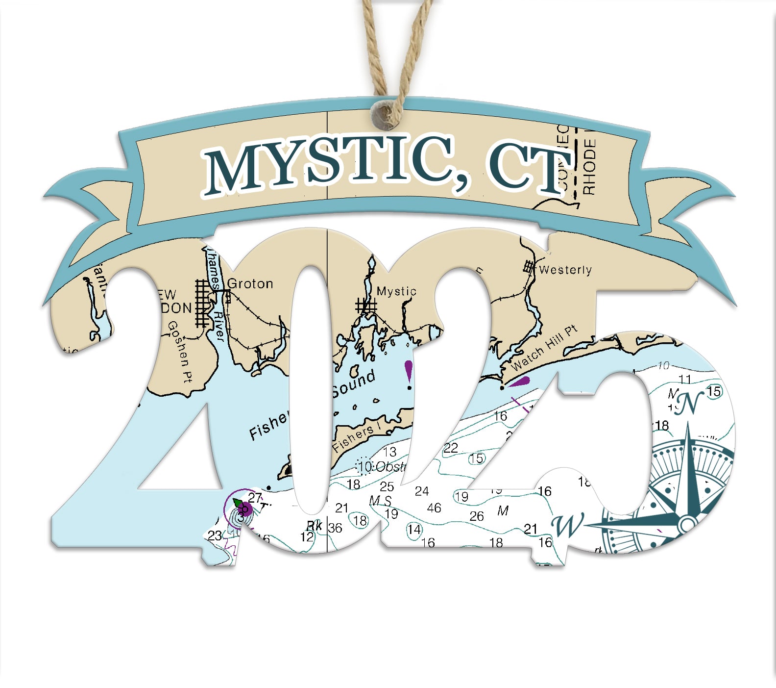Mystic, CT 2025 Wood Map Souvenir Ornament