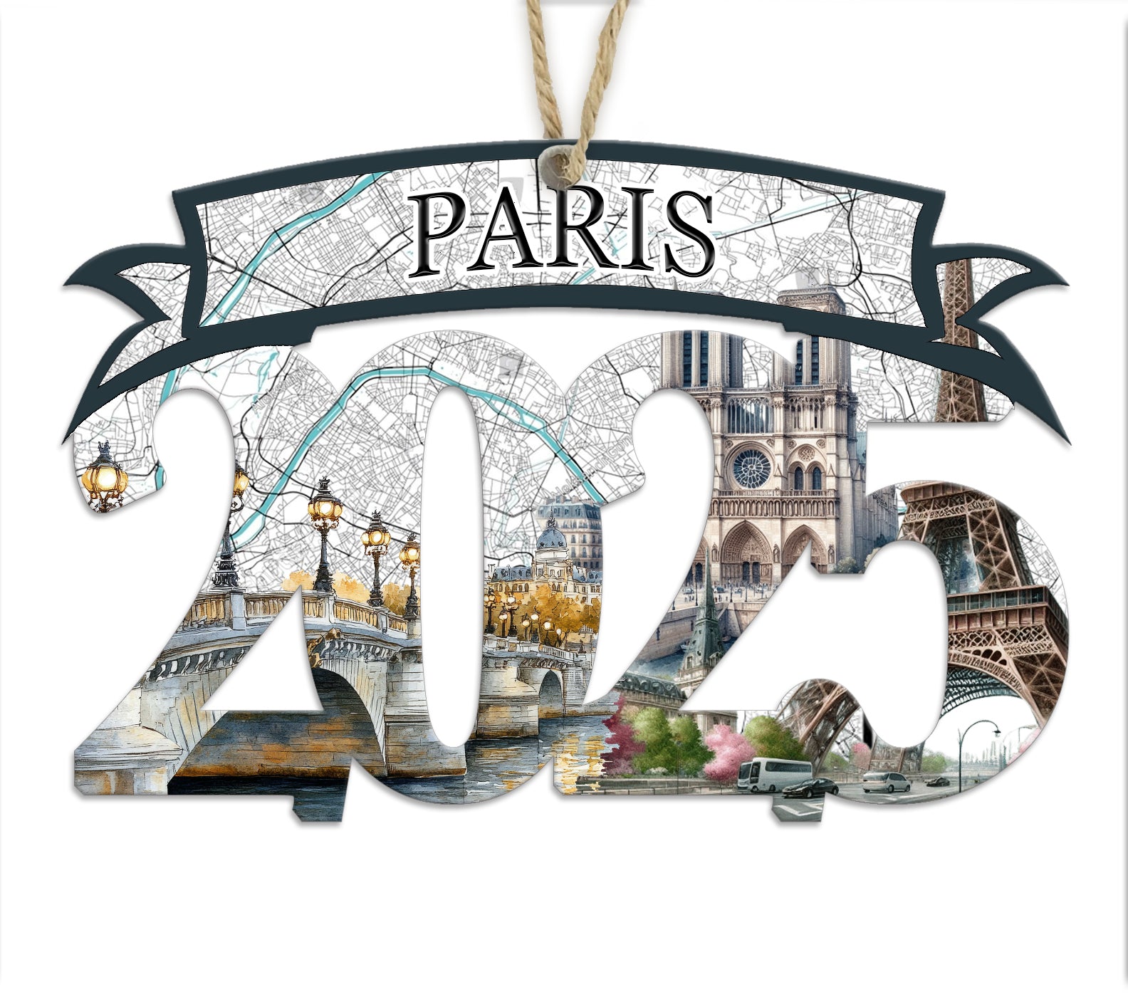 Paris, France 2025 Wood Map Souvenir Ornament