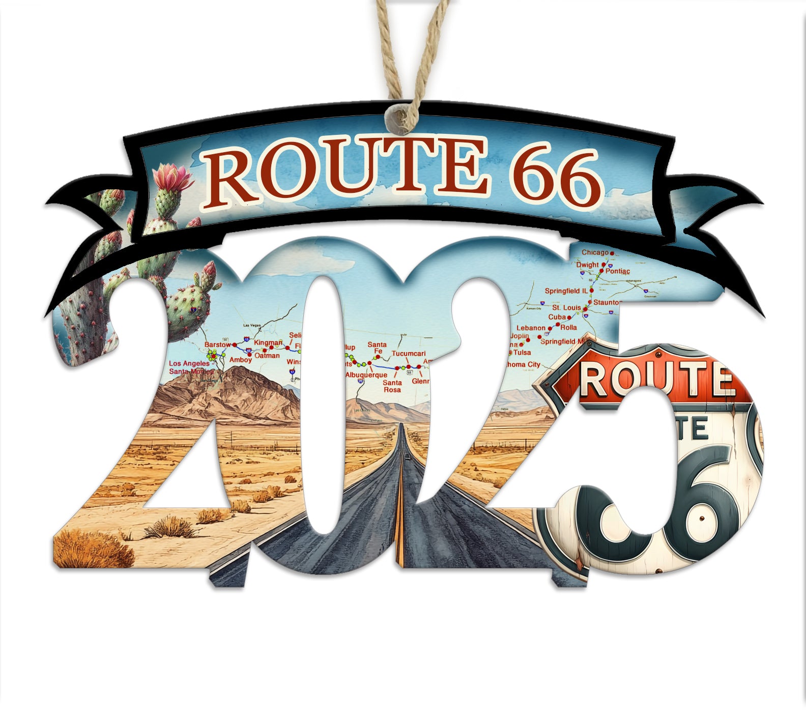 Route 66 2025 Wood Map Souvenir Ornament